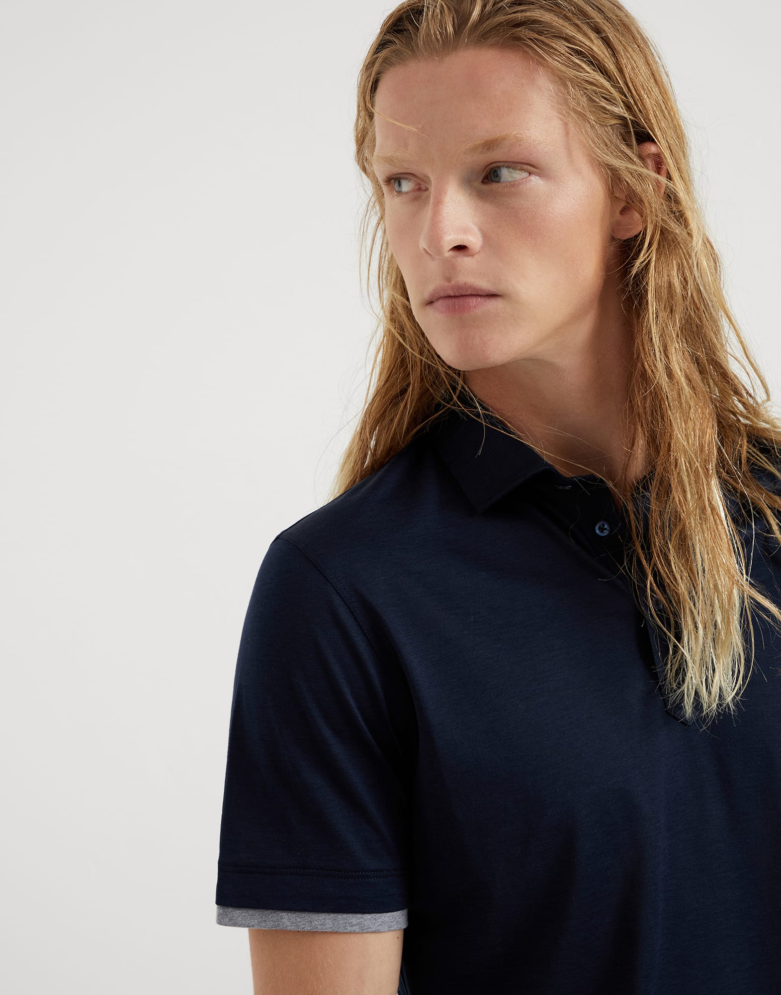 Silk and cotton jersey shirt-style collar polo with faux-layering