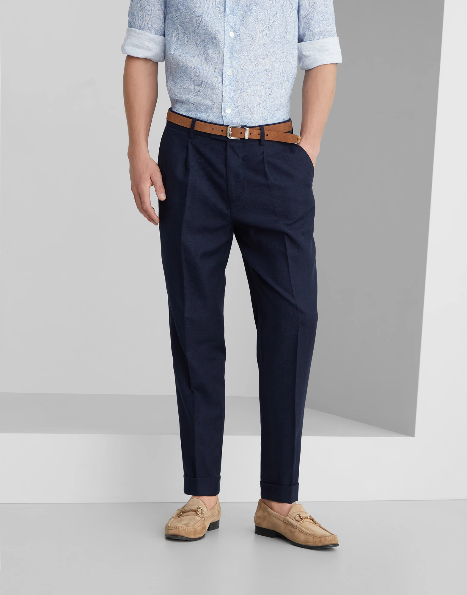 Cotton and virgin wool diagonal leisure fit trousers with pleat