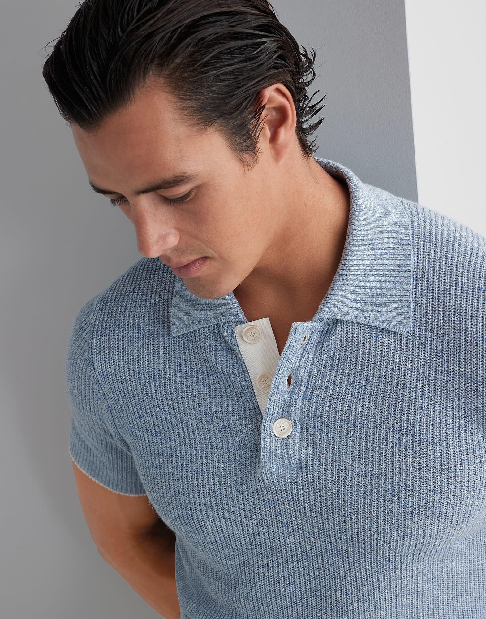 Linen and cotton half English rib knit polo with contrast detail