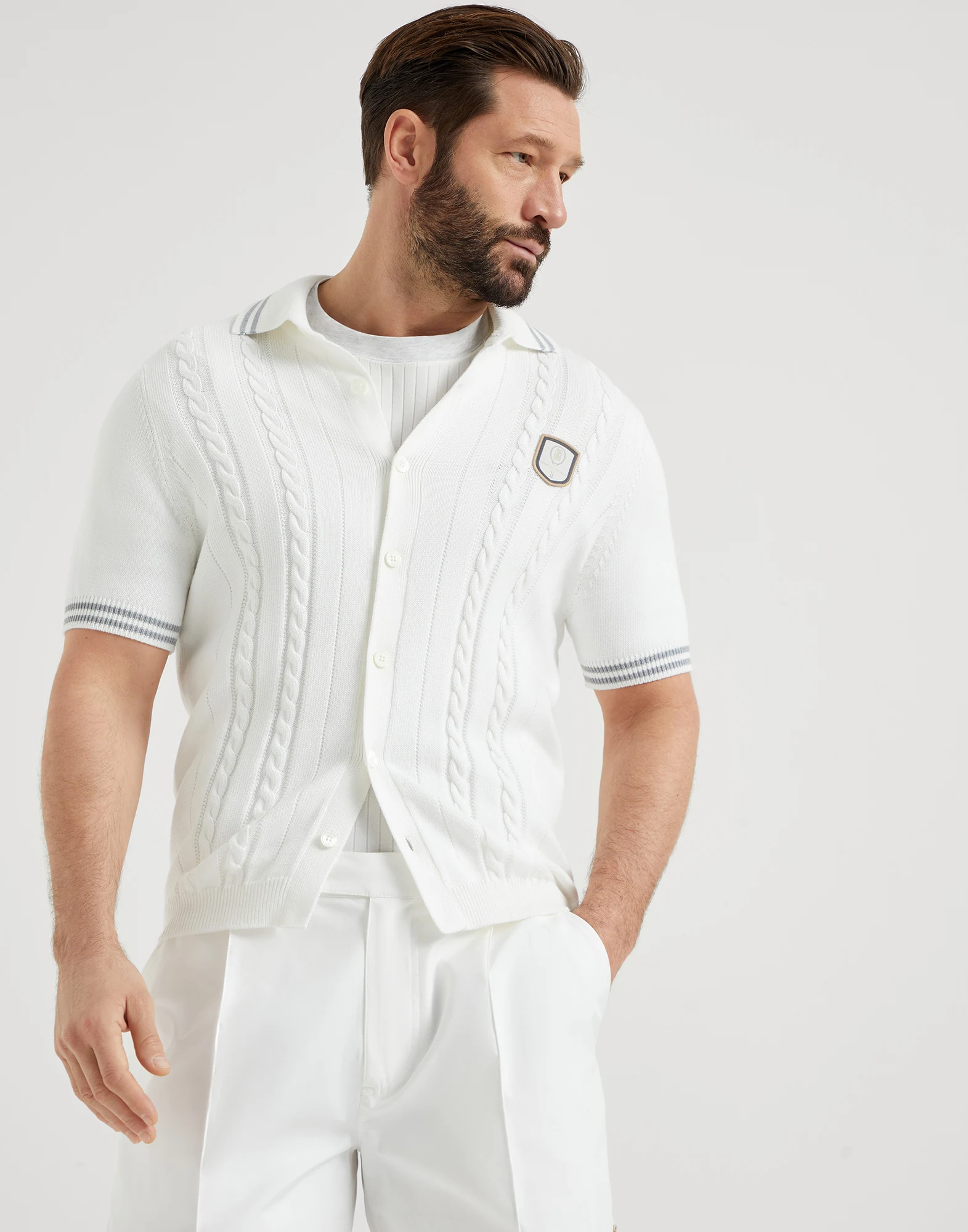 Cotton cable short sleeve knit shirt with tennis badge