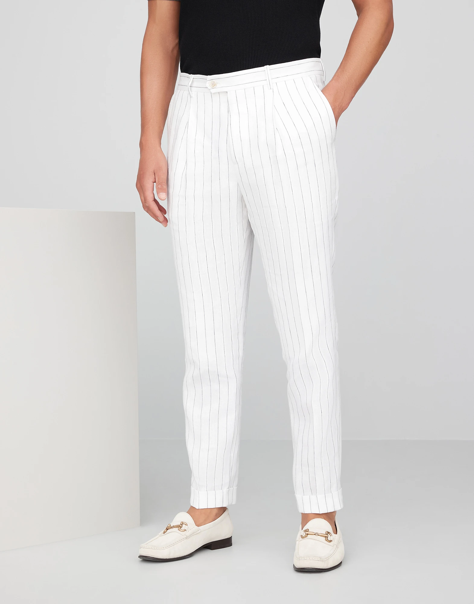 Linen chalk stripe leisure fit trousers with pleat