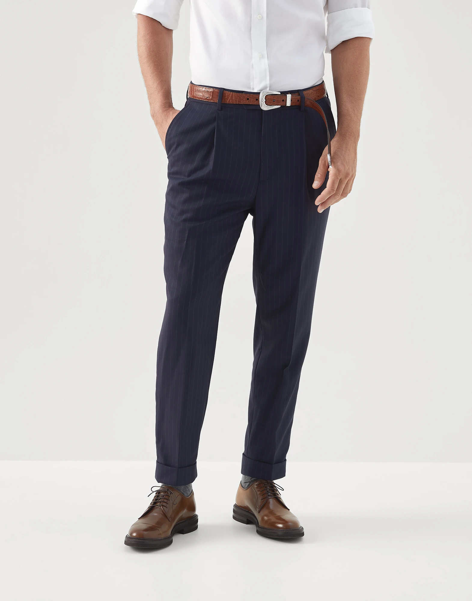 Virgin wool chalk stripe batavia leisure fit trousers with pleat
