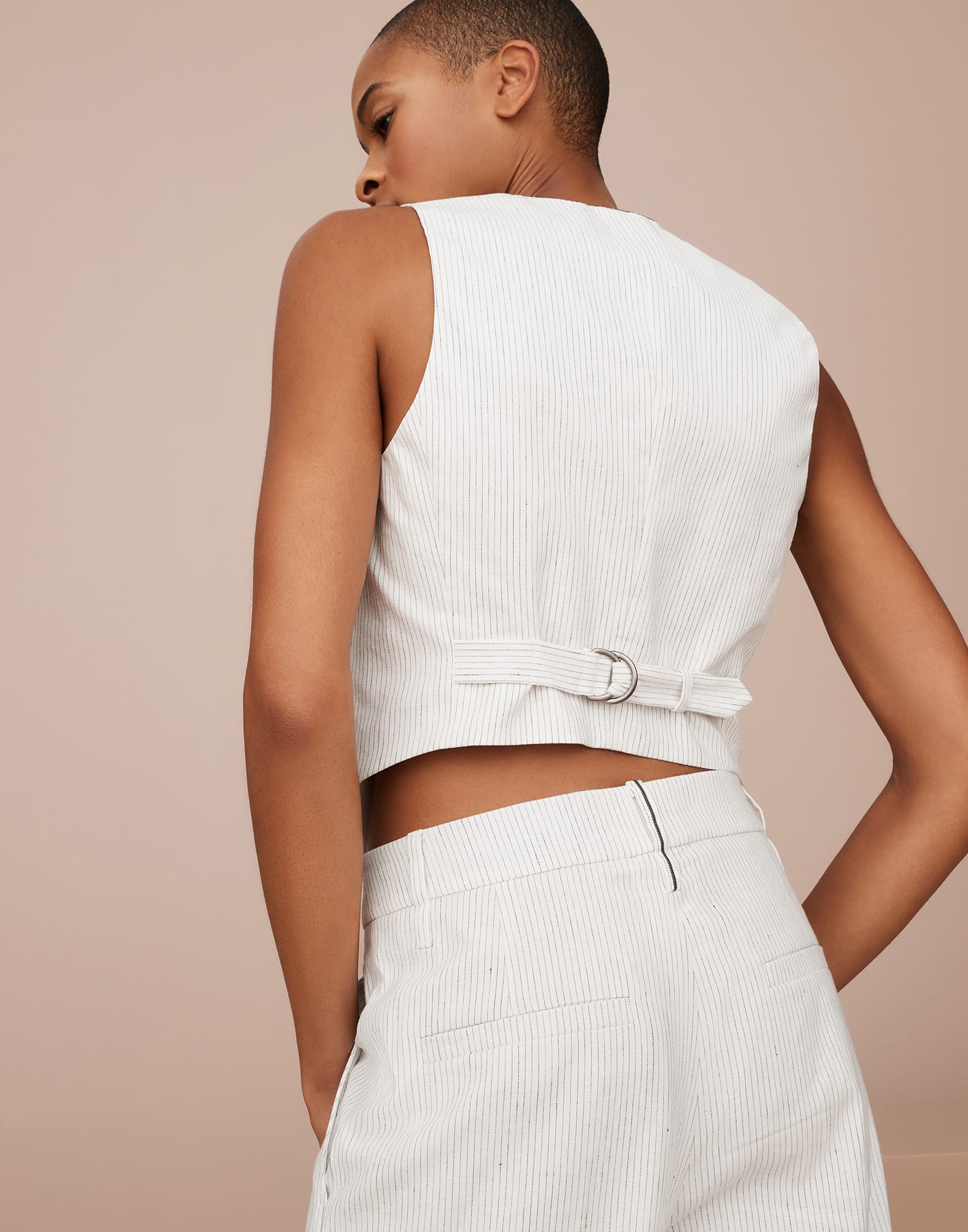 Striped comfort linen and cotton loose flared trousers with monili