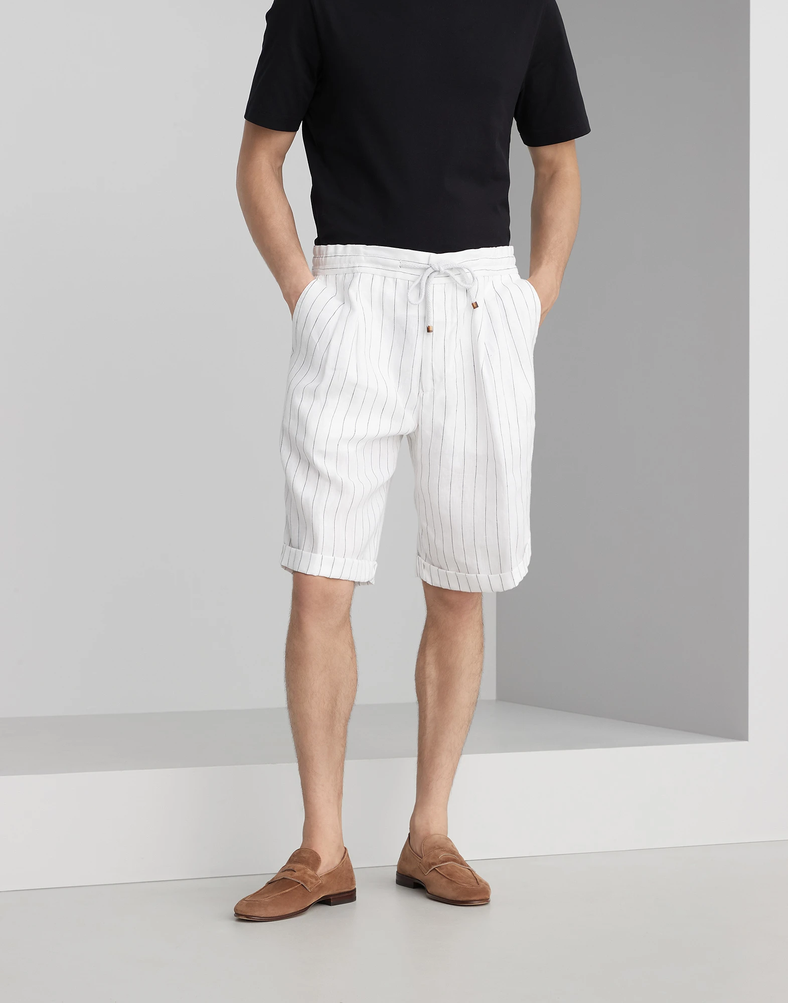 Linen chalk stripe Bermuda shorts with drawstring and double pleats