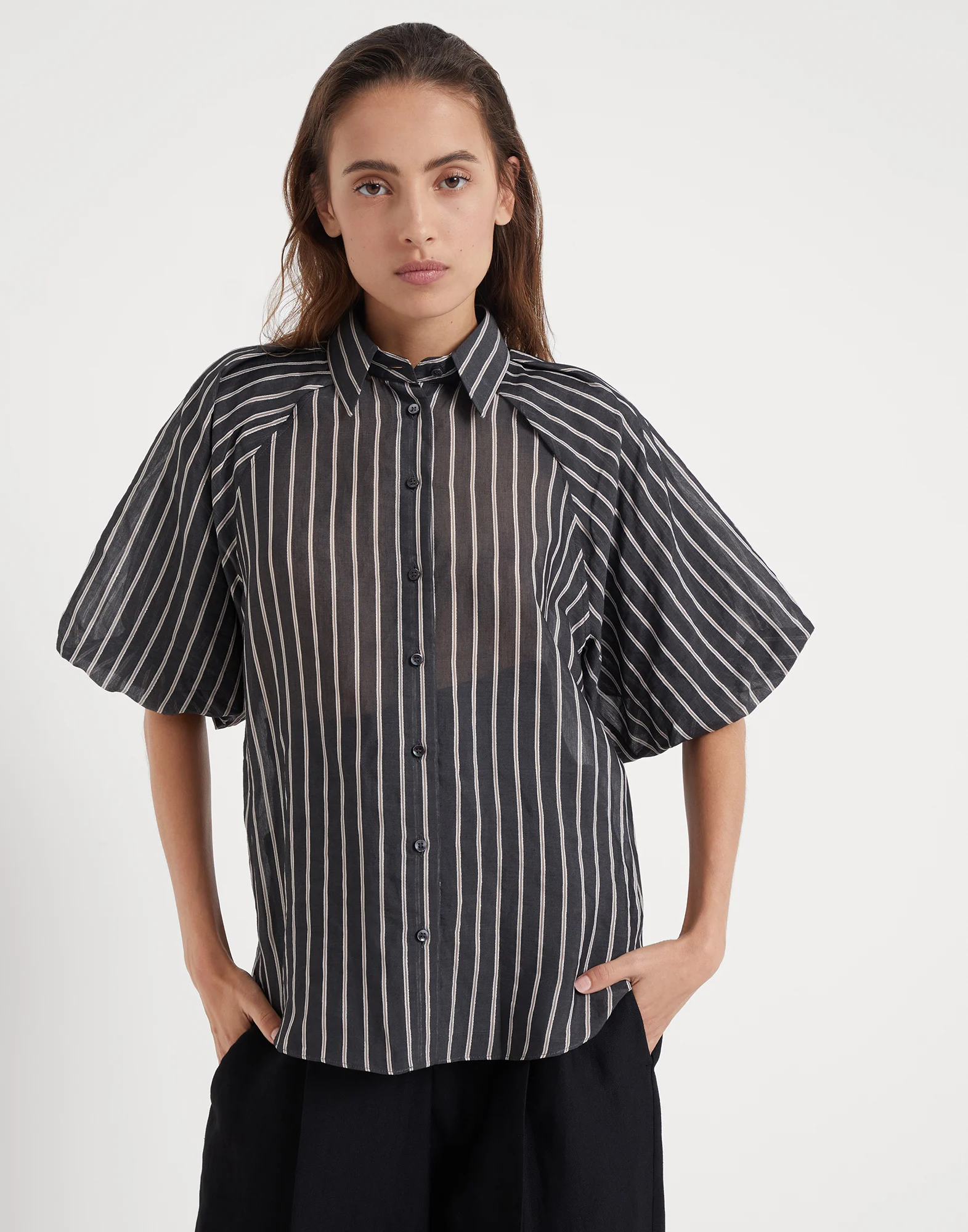 Cotton and silk sparkling stripe poplin shirt with monili