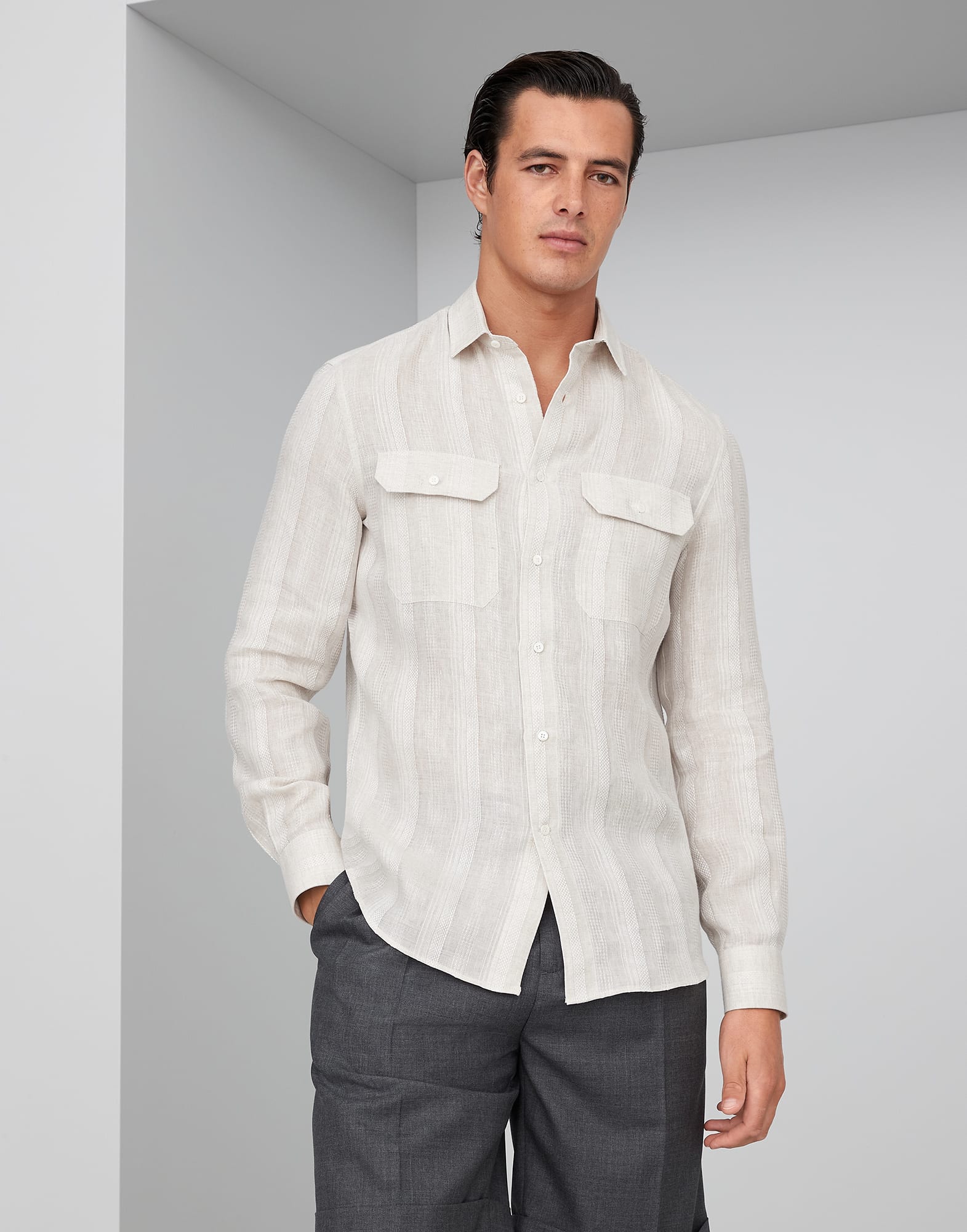 Fancy stripe linen easy fit shirt with chest pockets