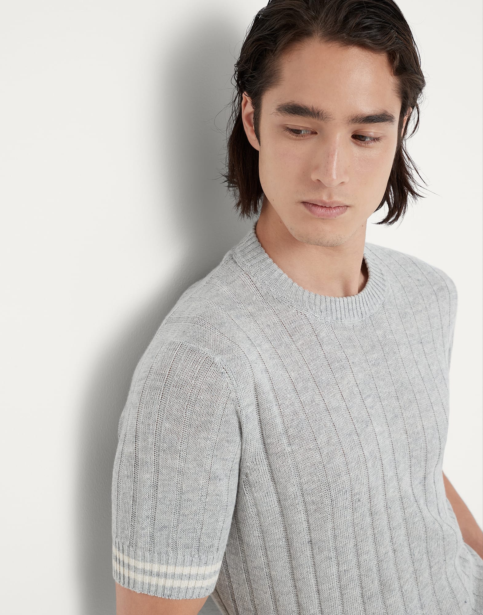 Linen and cotton short sleeve flat rib sweater with striped details