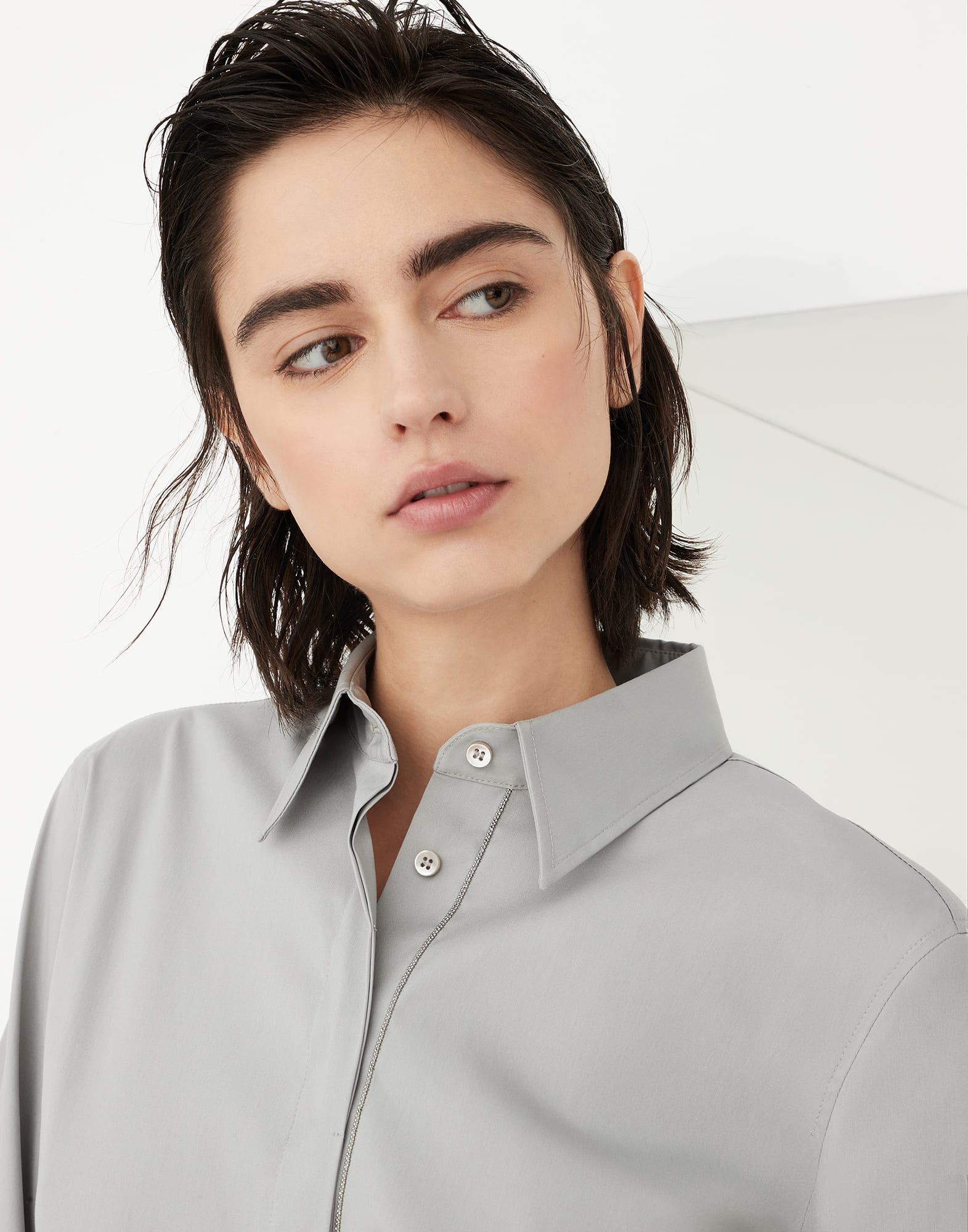 Stretch cotton poplin shirt with shiny trim