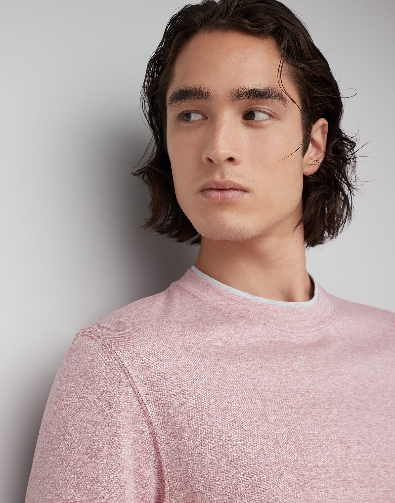 Linen and cotton jersey crew neck T-shirt with faux-layering