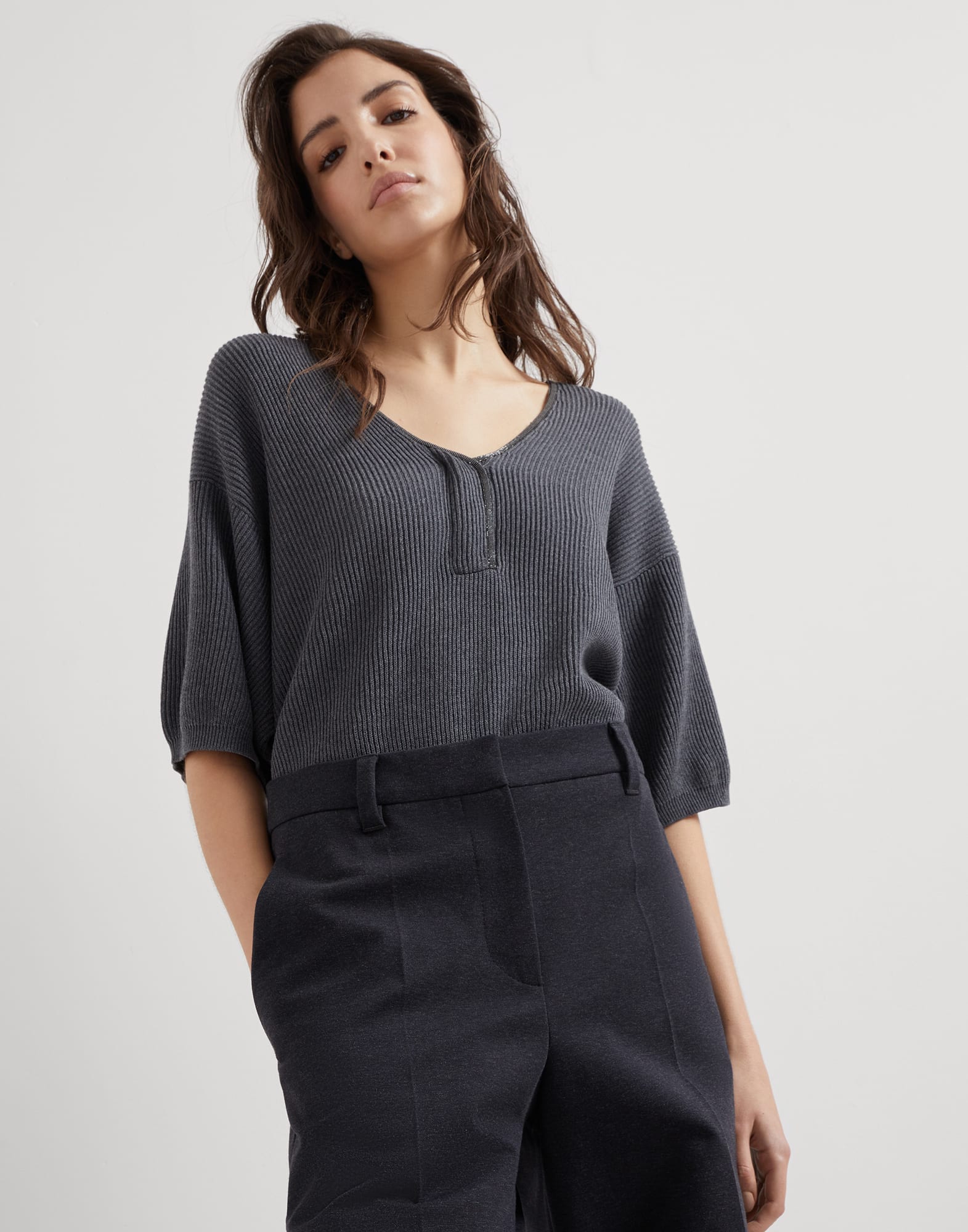 Stretch cotton couture interlock loose flared trousers