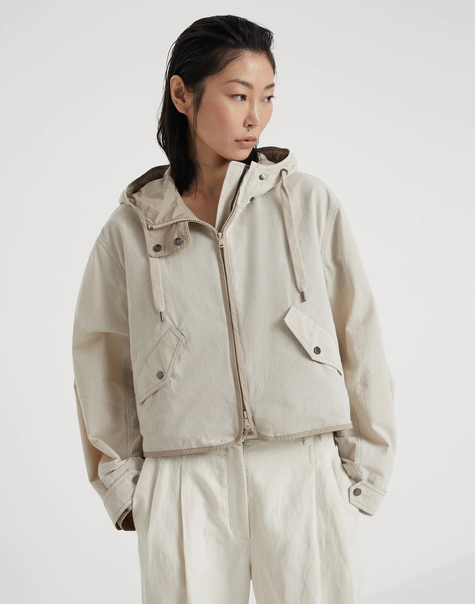 Techno cotton canvas hooded outerwear jacket with monili