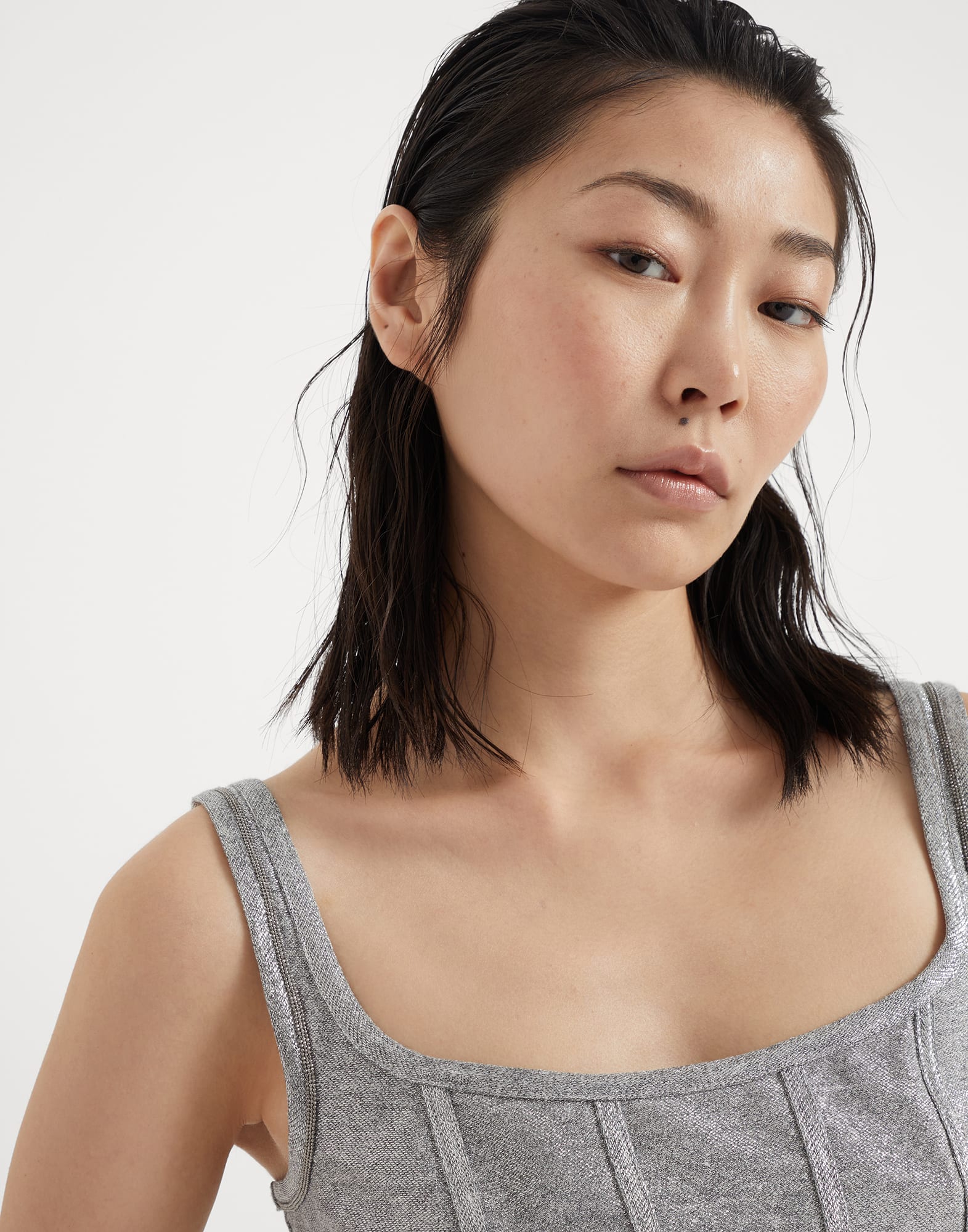 Linen and cotton sparkling jersey top with shiny trims