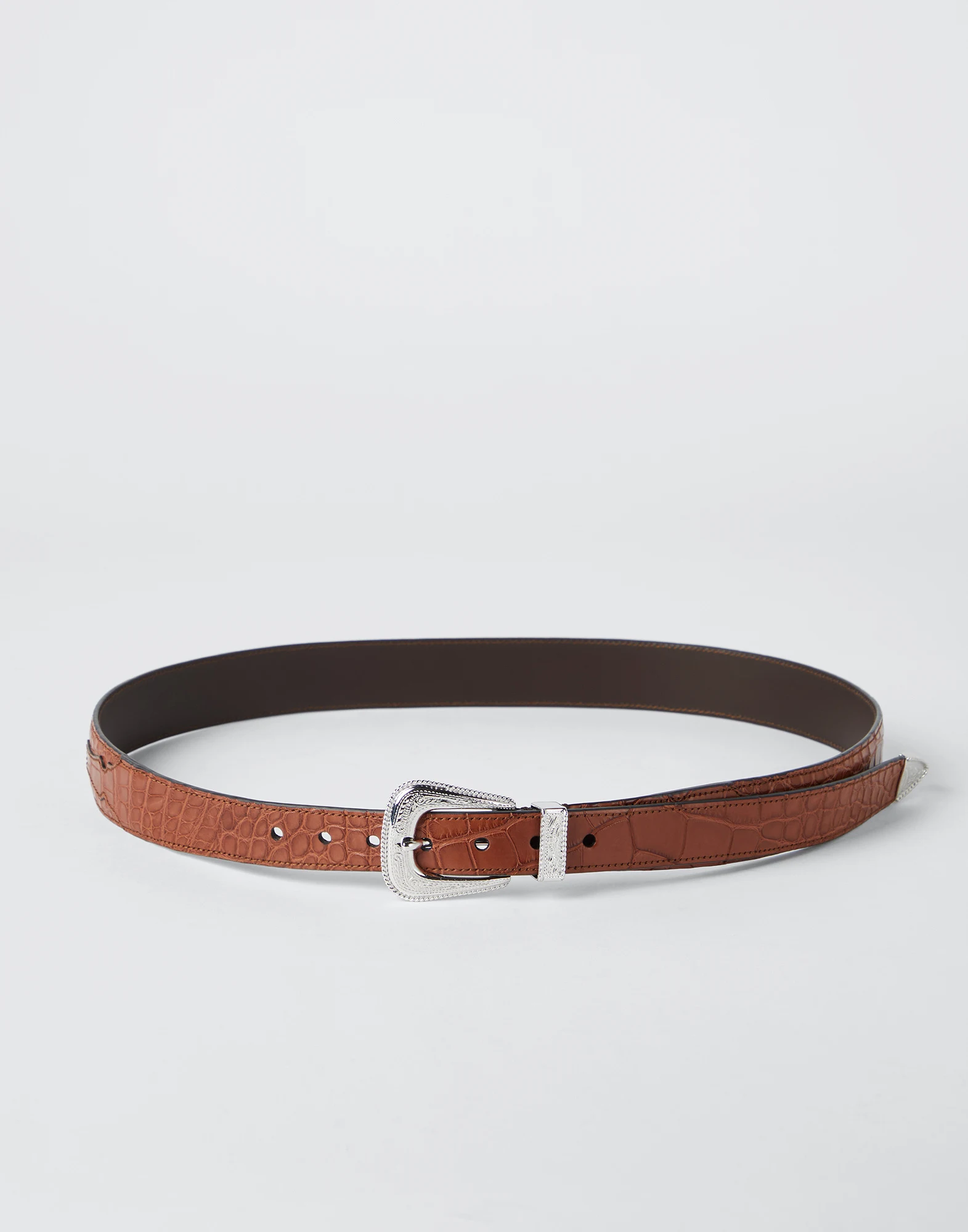 Crocodile belt with detailed buckle and tip