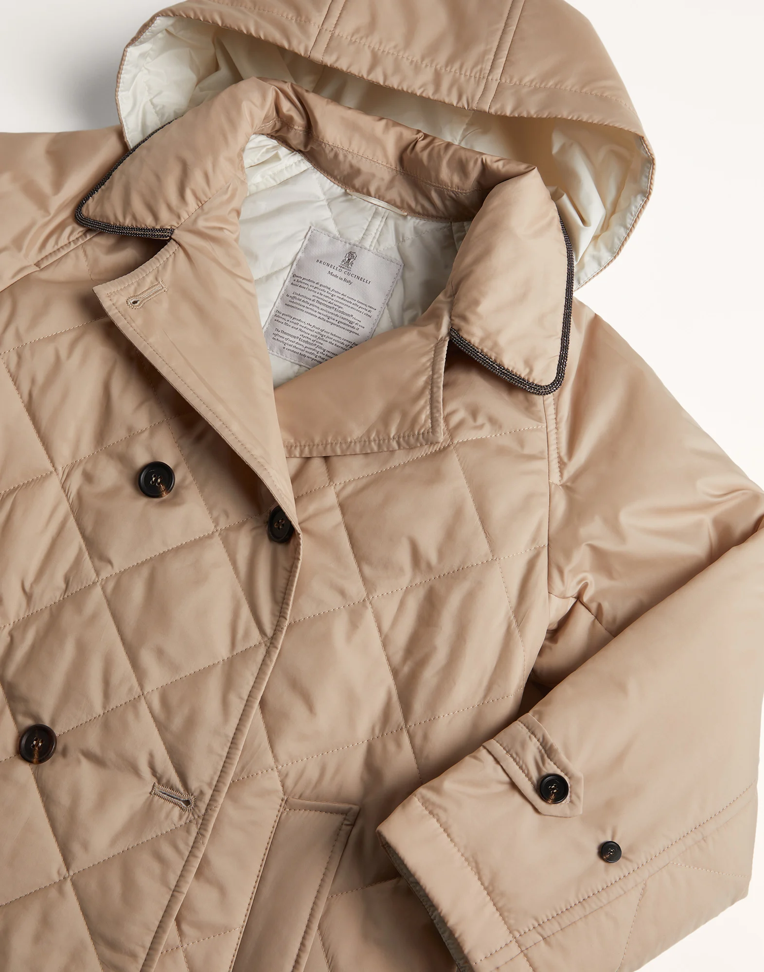 Water-resistant nylon quilted trench with Thermore? padding and monili