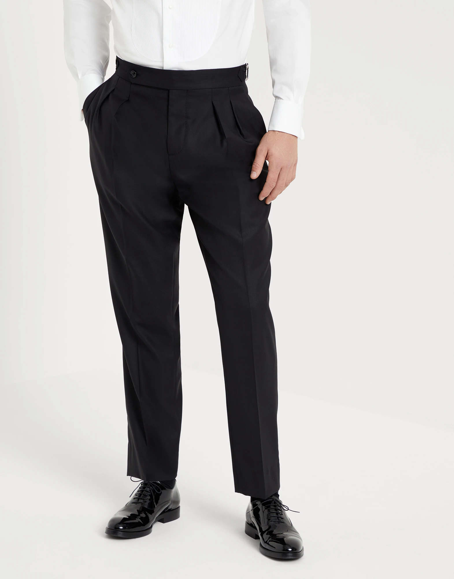 Virgin wool and silk lightweight twill tuxedo trousers with double pleats and tabbed waistband