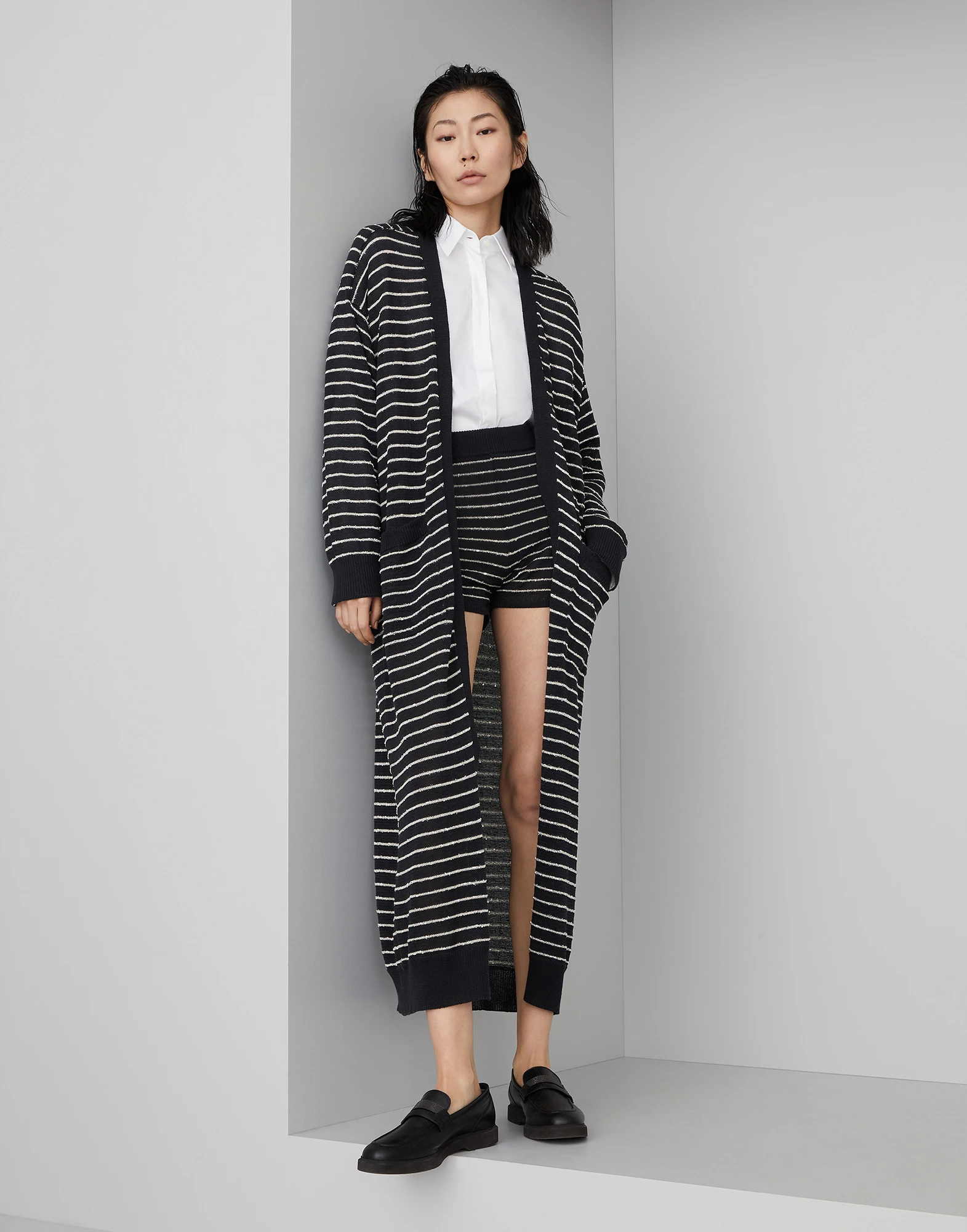 Cotton dazzling stripes long cardigan