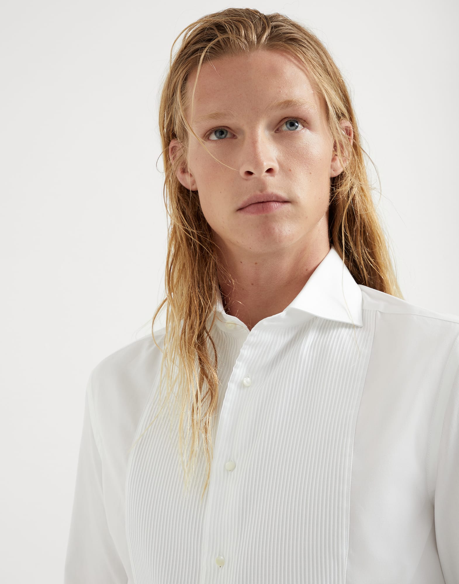 Sea Island cotton twill slim fit tuxedo shirt with pleated bib, spread collar and French cuffs