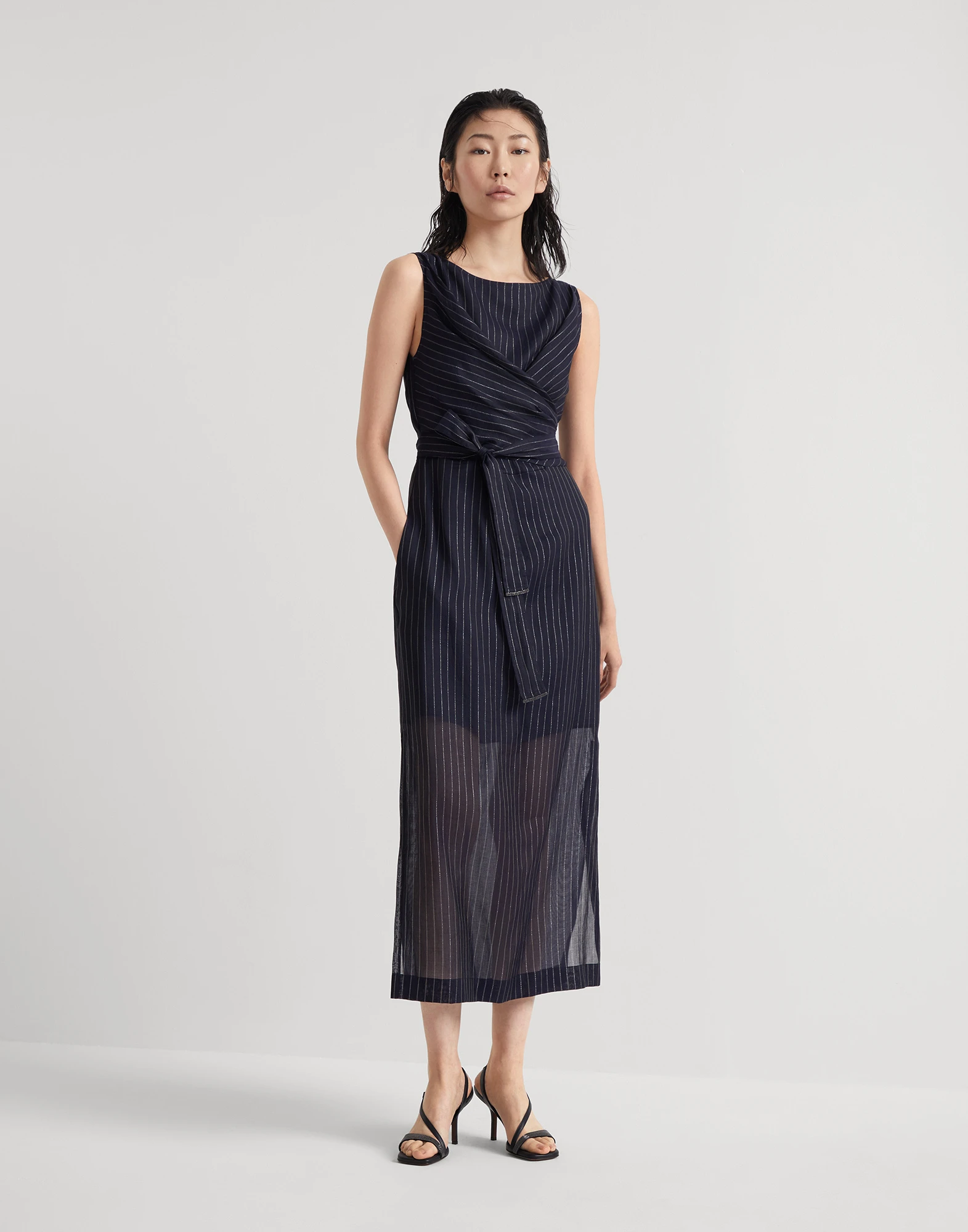 Cotton sparkling stripe gauze wrap dress with monili