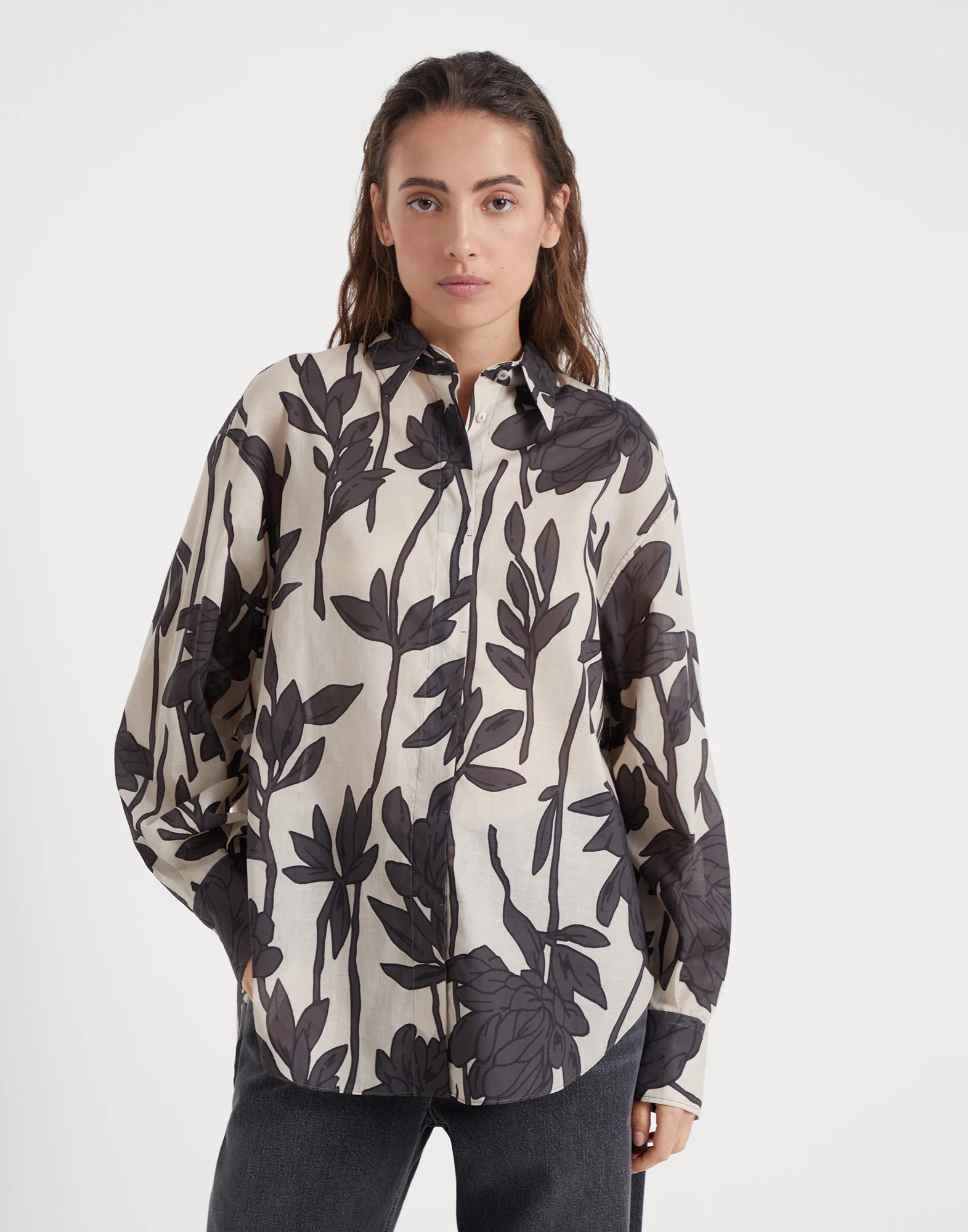 Cotton ramage print poplin shirt with monili
