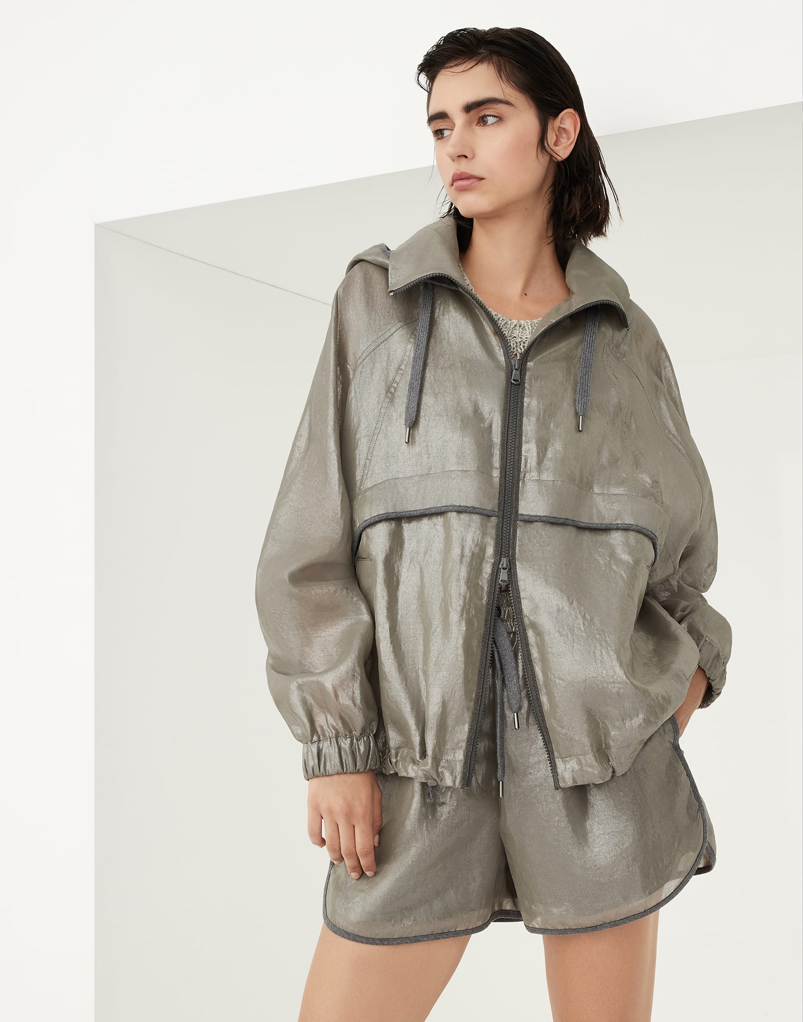 Lame cotton gauze hooded outerwear jacket with shiny trims