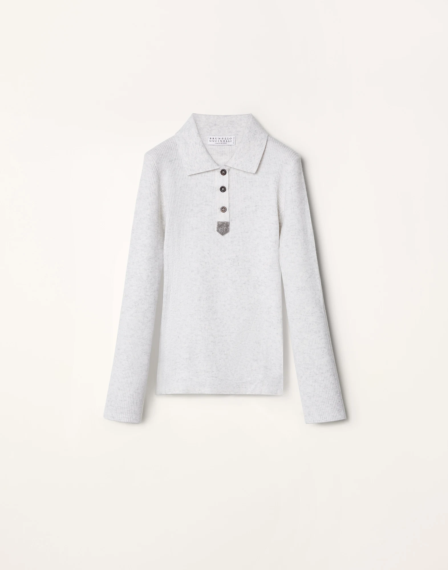 Ribbed sparkling cashmere lightweight polo-style sweater with monili