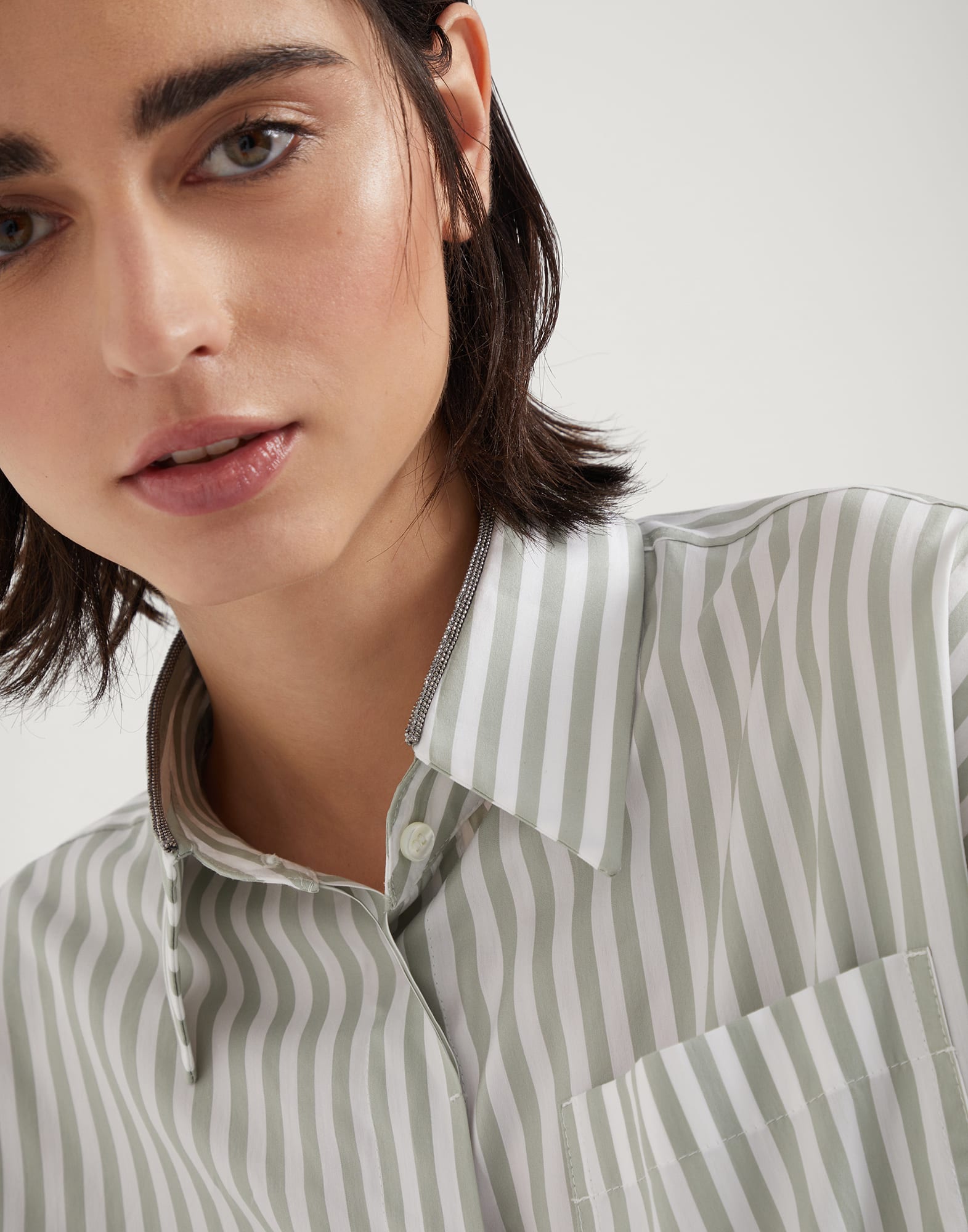 Cotton and silk striped poplin shirt with shiny collar