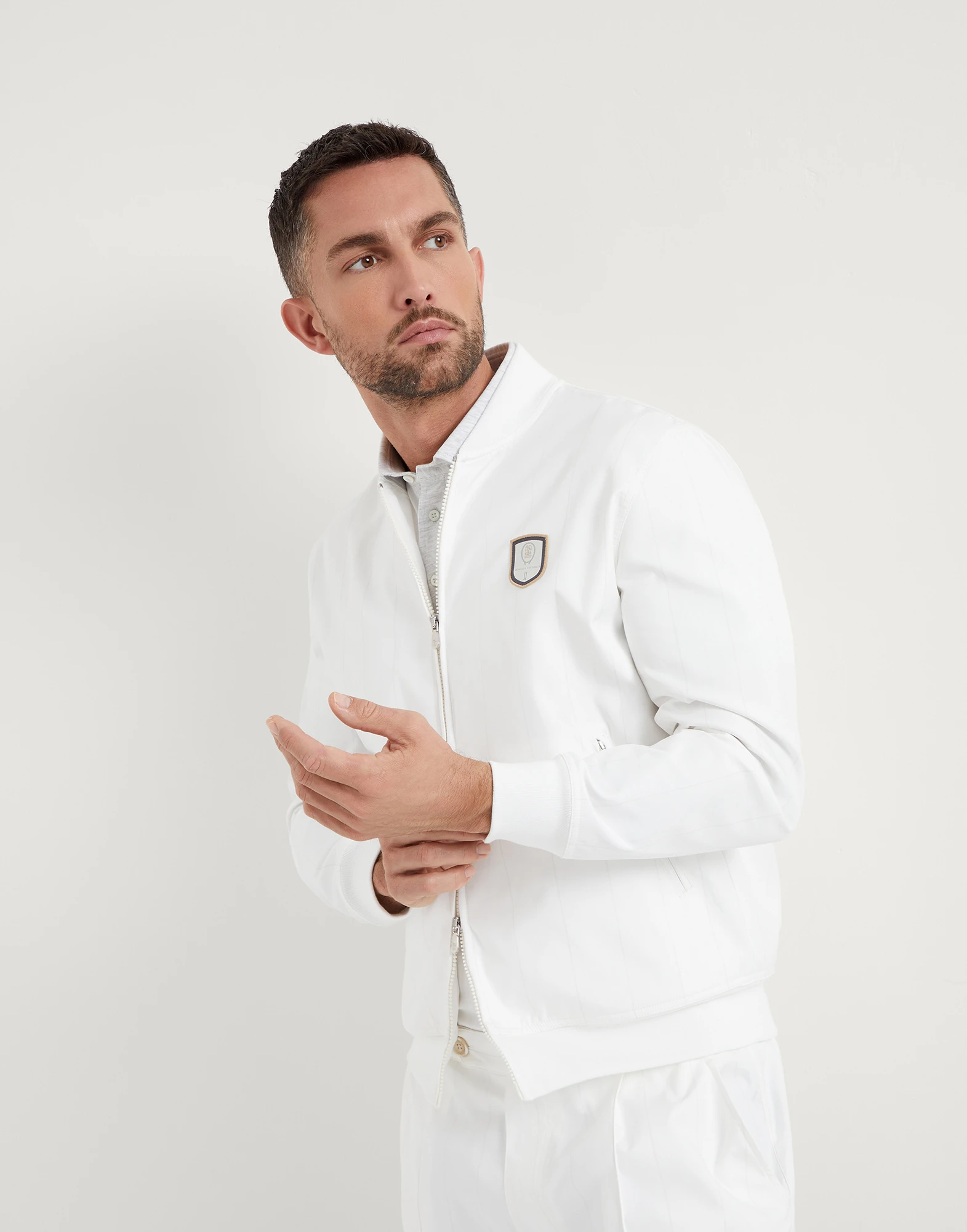 Chalk stripe nylon sweatshirt with zipper and tennis badge
