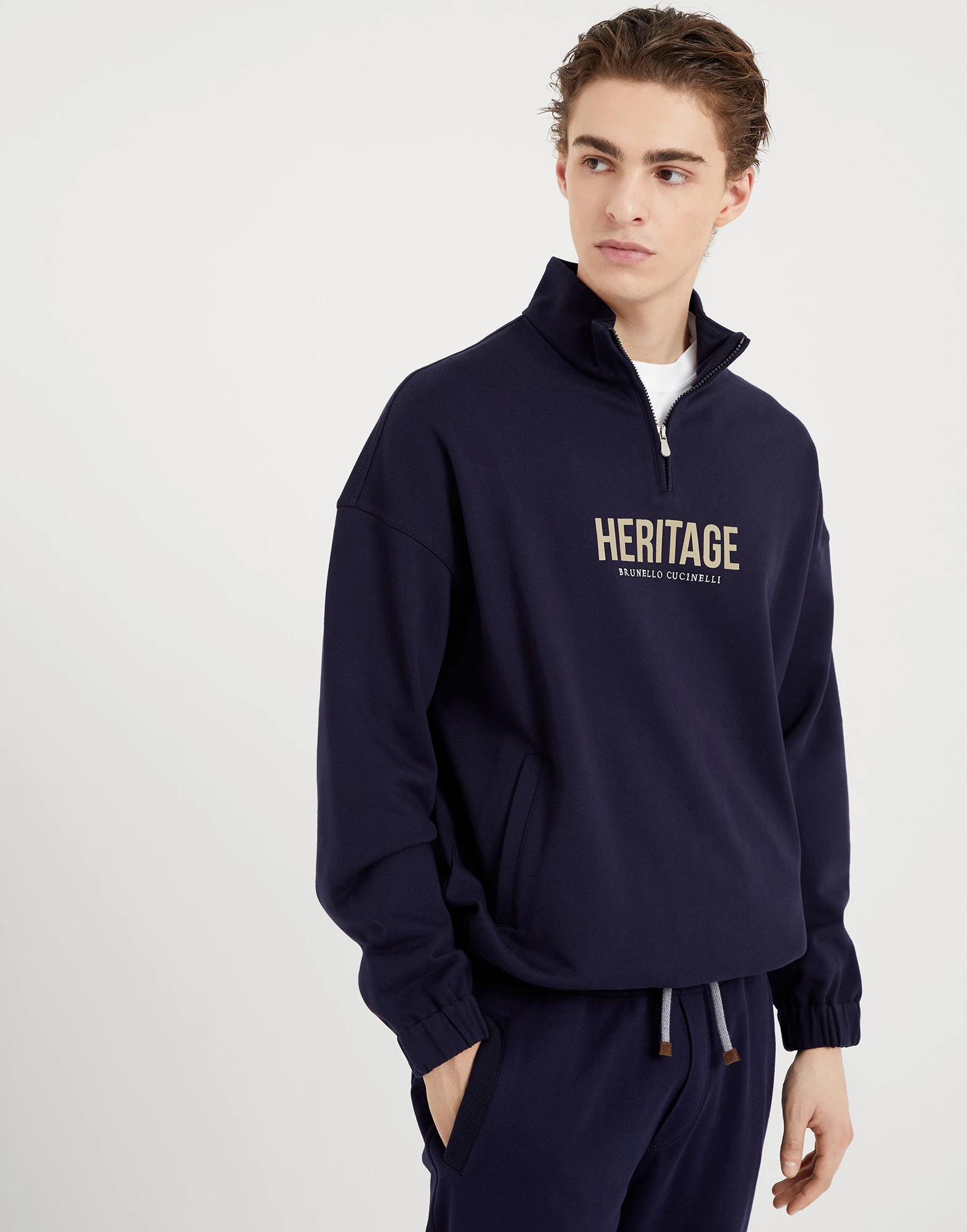 Techno cotton French terry sweatshirt with half zip and print