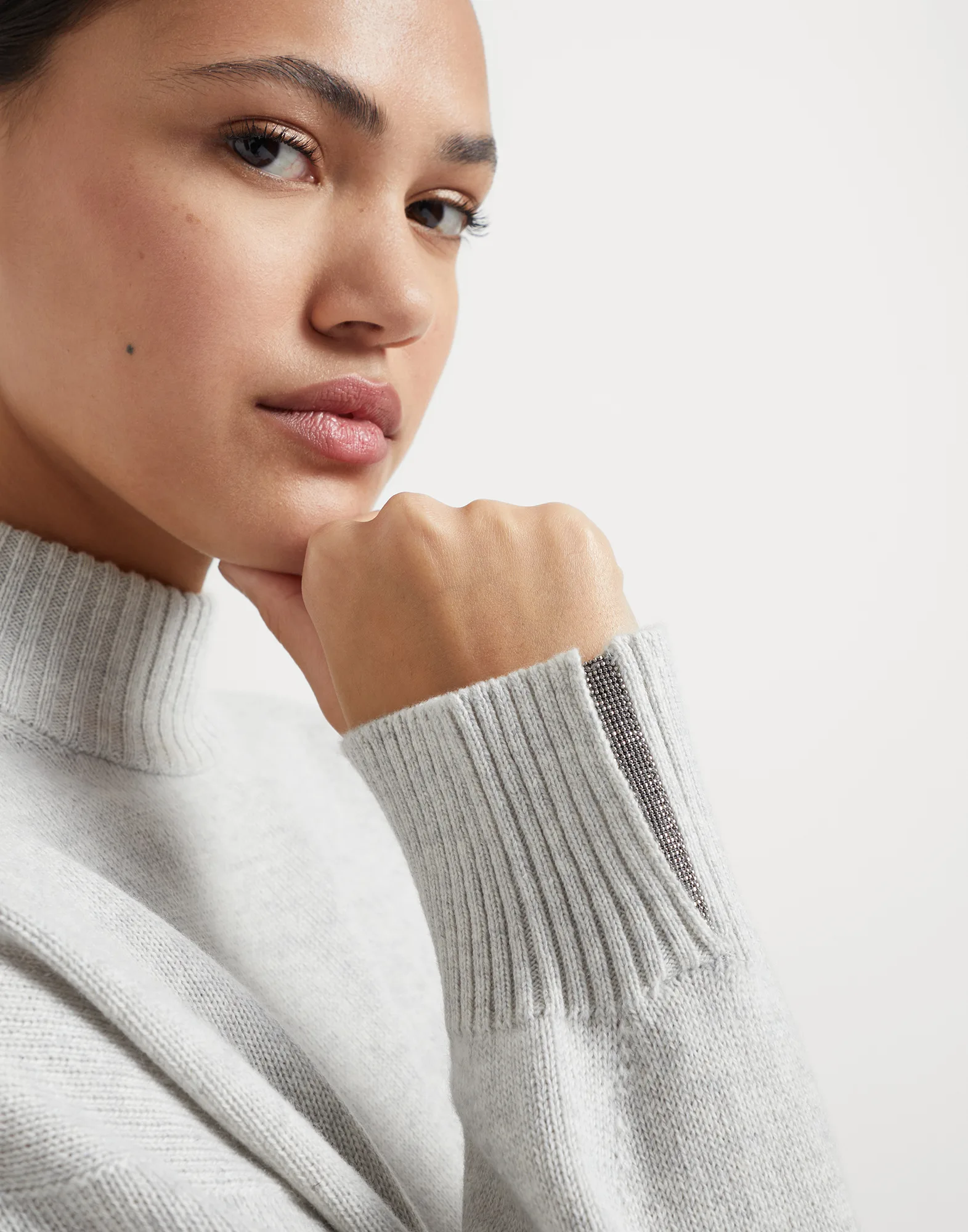 Cashmere mock neck sweater with shiny cuff details