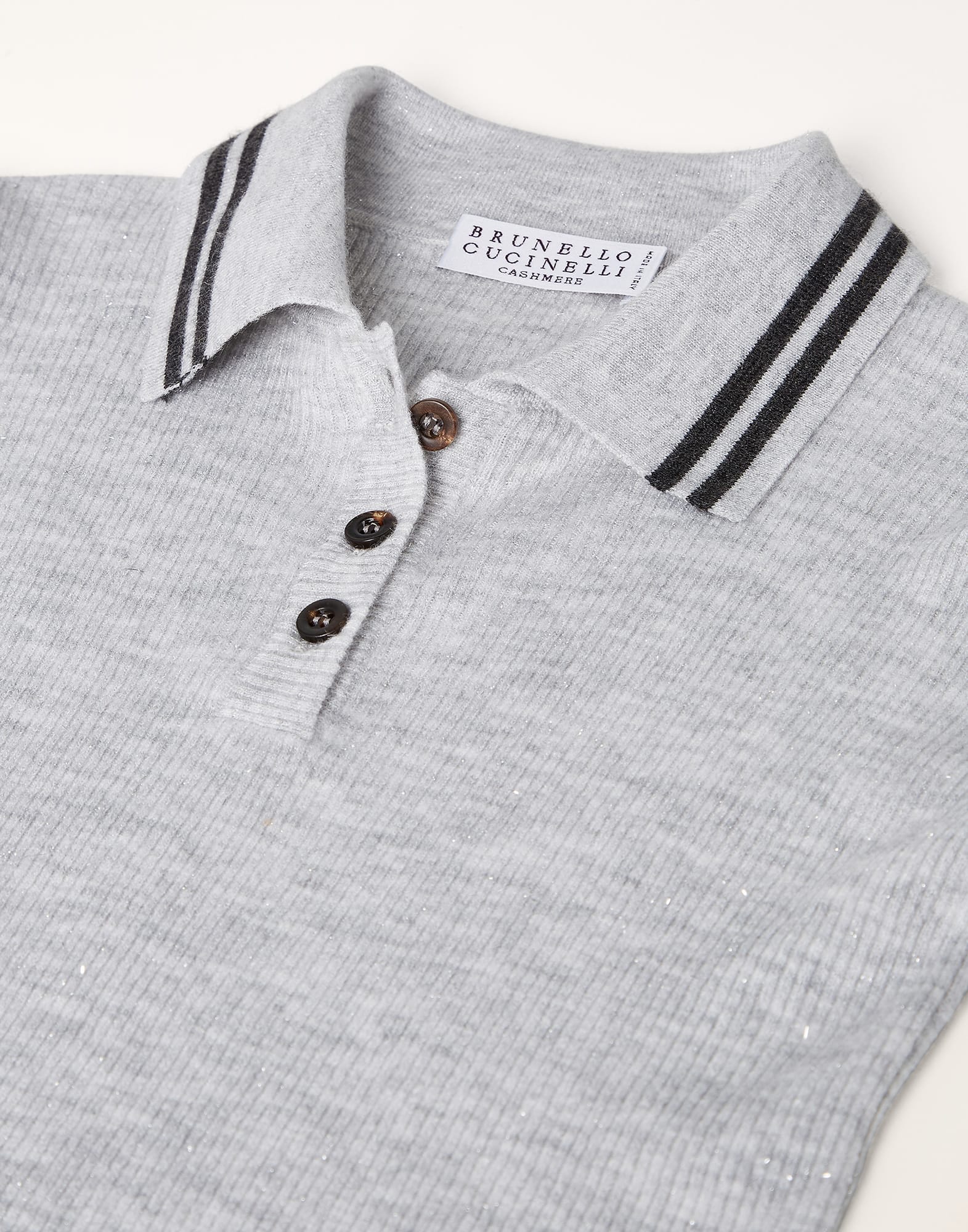 Sparkling cashmere rib knit polo-style sweater