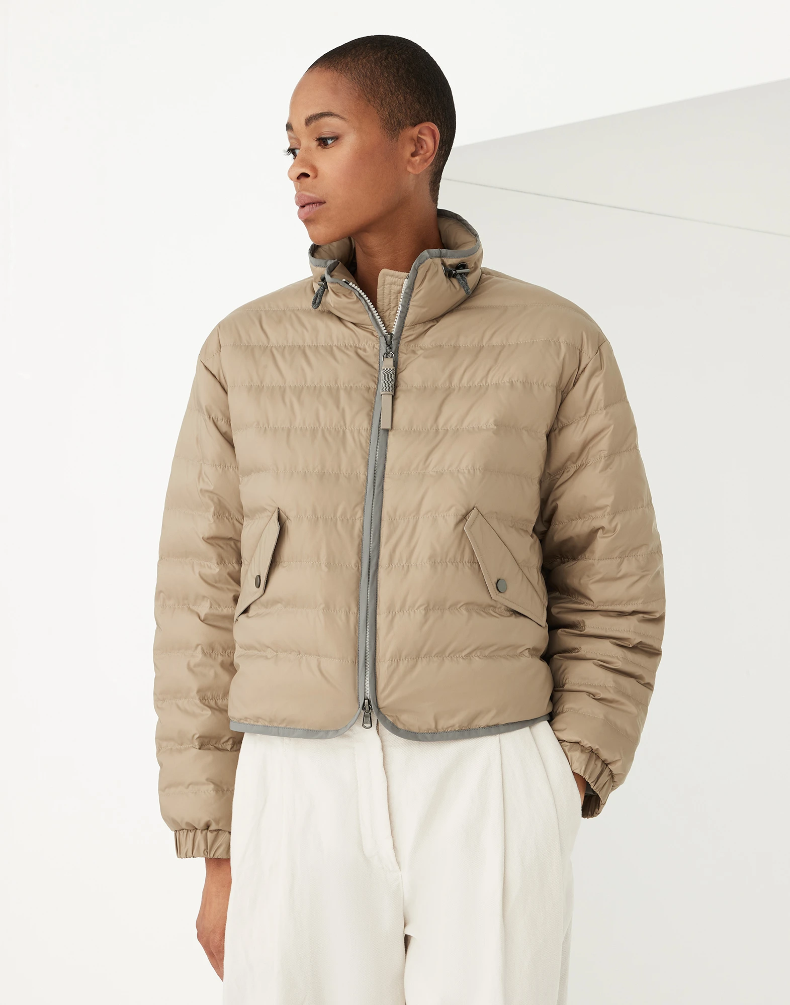 Water-resistant matte nylon down jacket with precious zipper pull