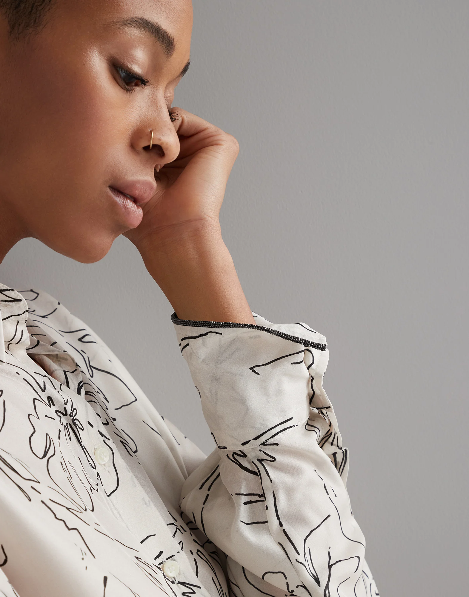 Silk ginkgo print pongee shirt with shiny cuff details