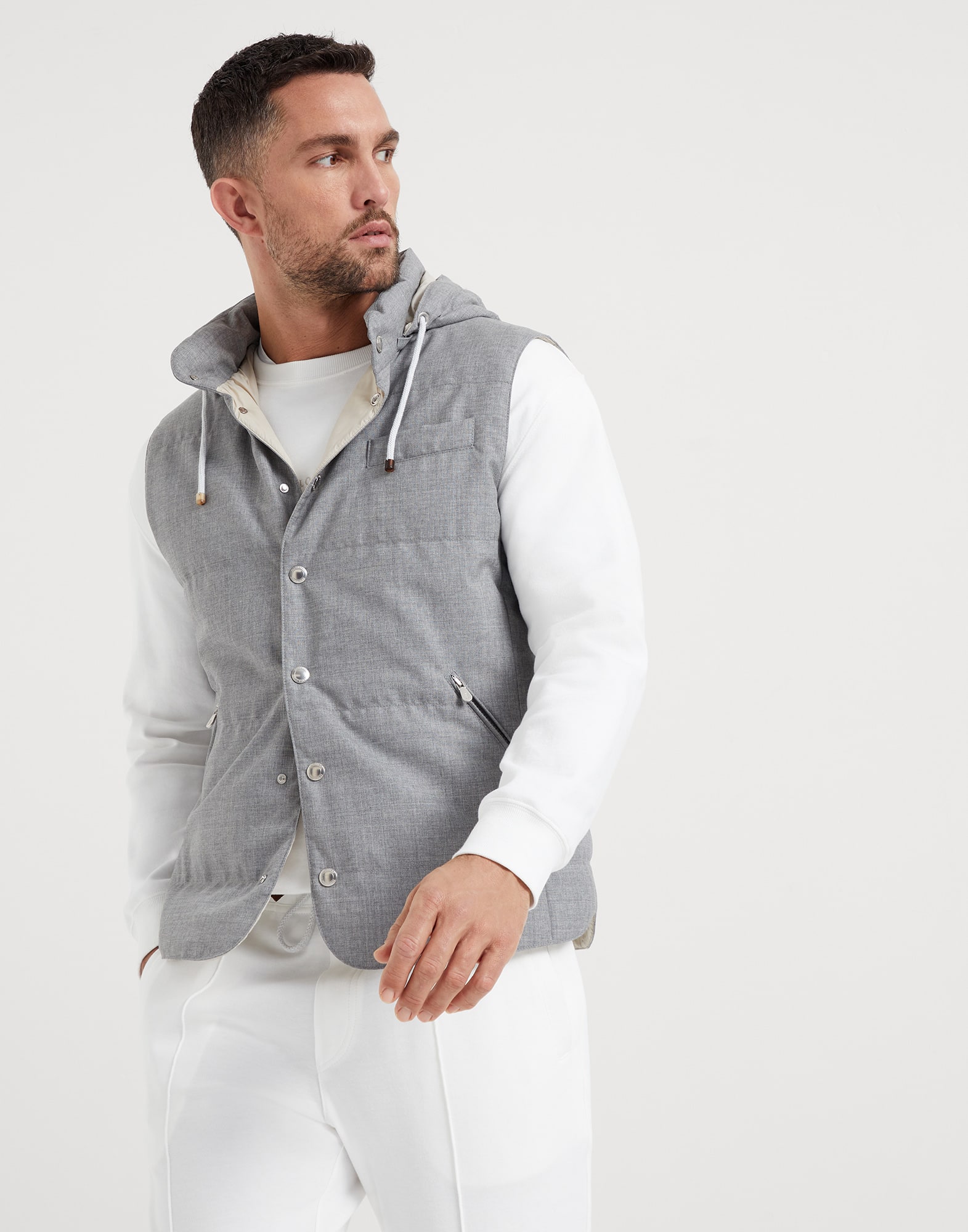 Virgin wool fresco lightweight down vest with detachable hood