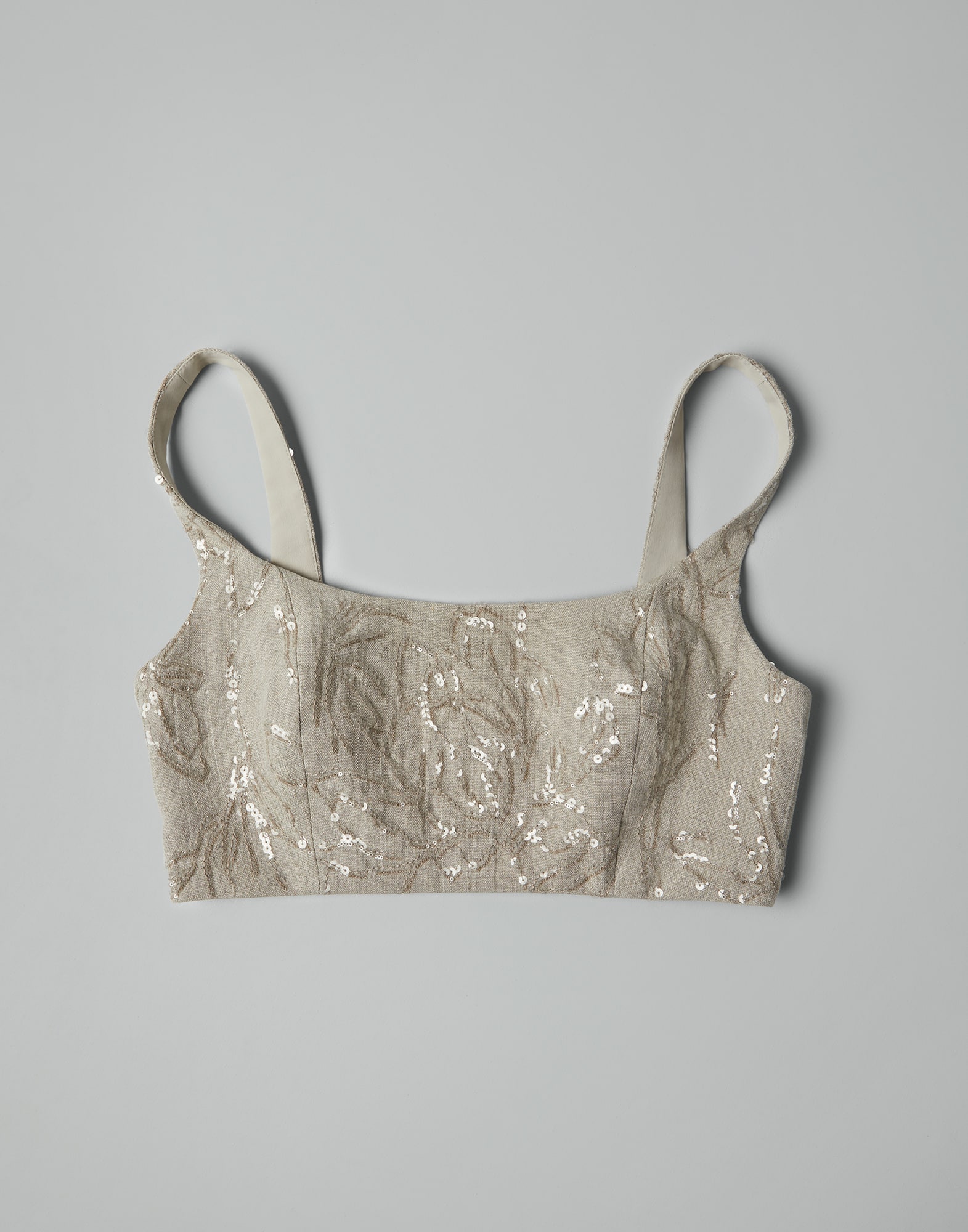 Linen canvas cropped top with dazzling flower embroidery