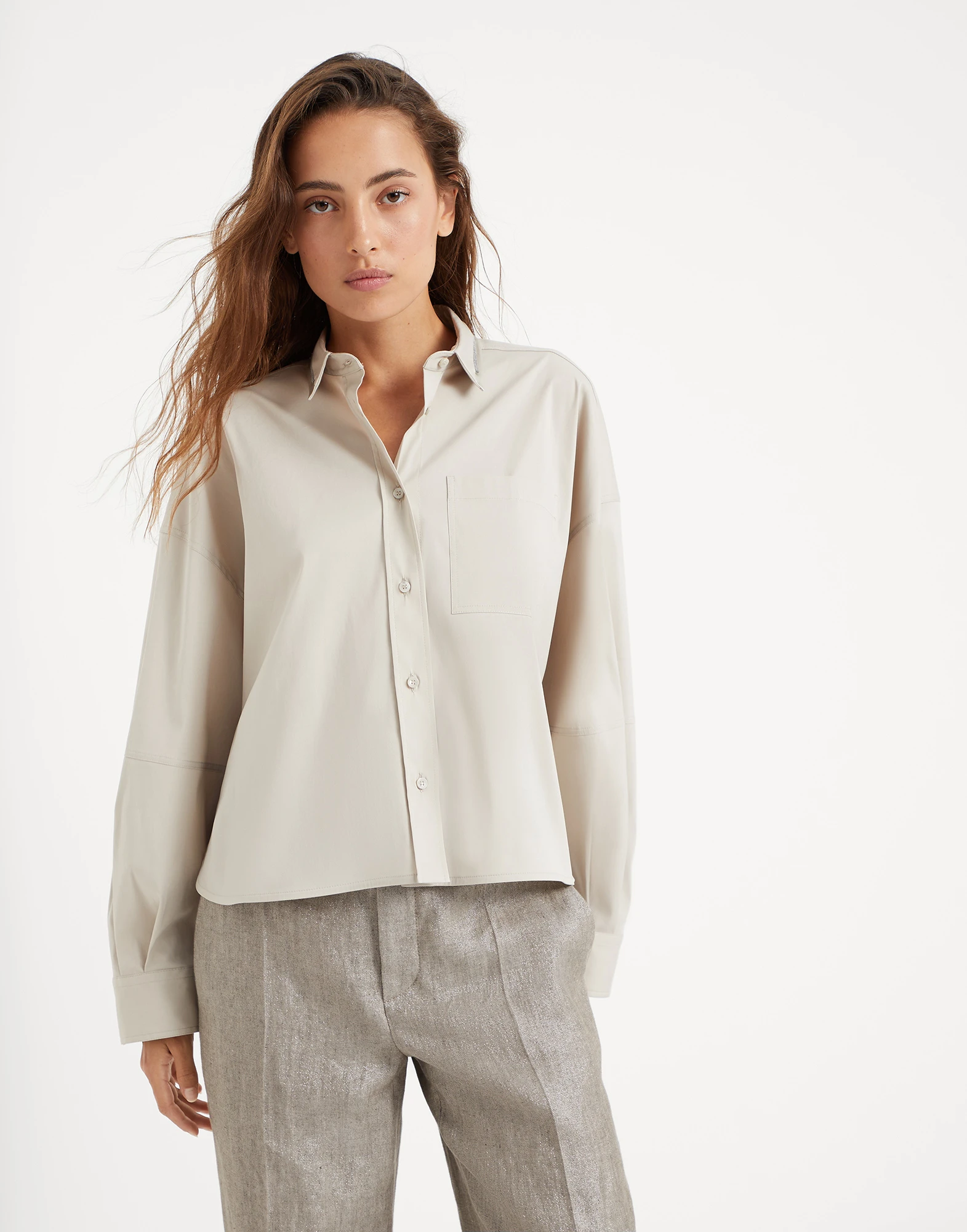 Stretch cotton poplin shirt with shiny collar trim