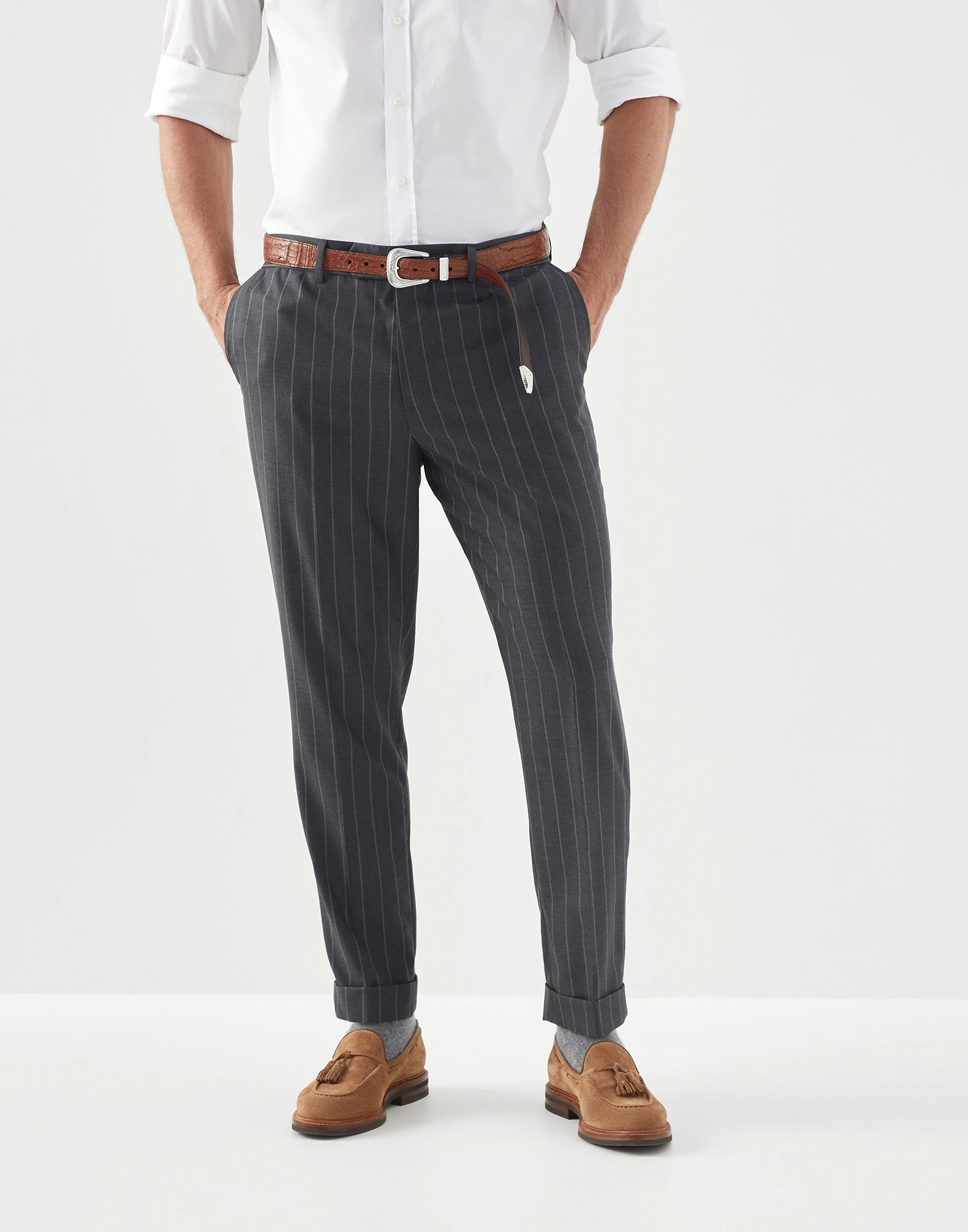 Super 150s virgin wool wide chalk stripe batavia formal fit trousers