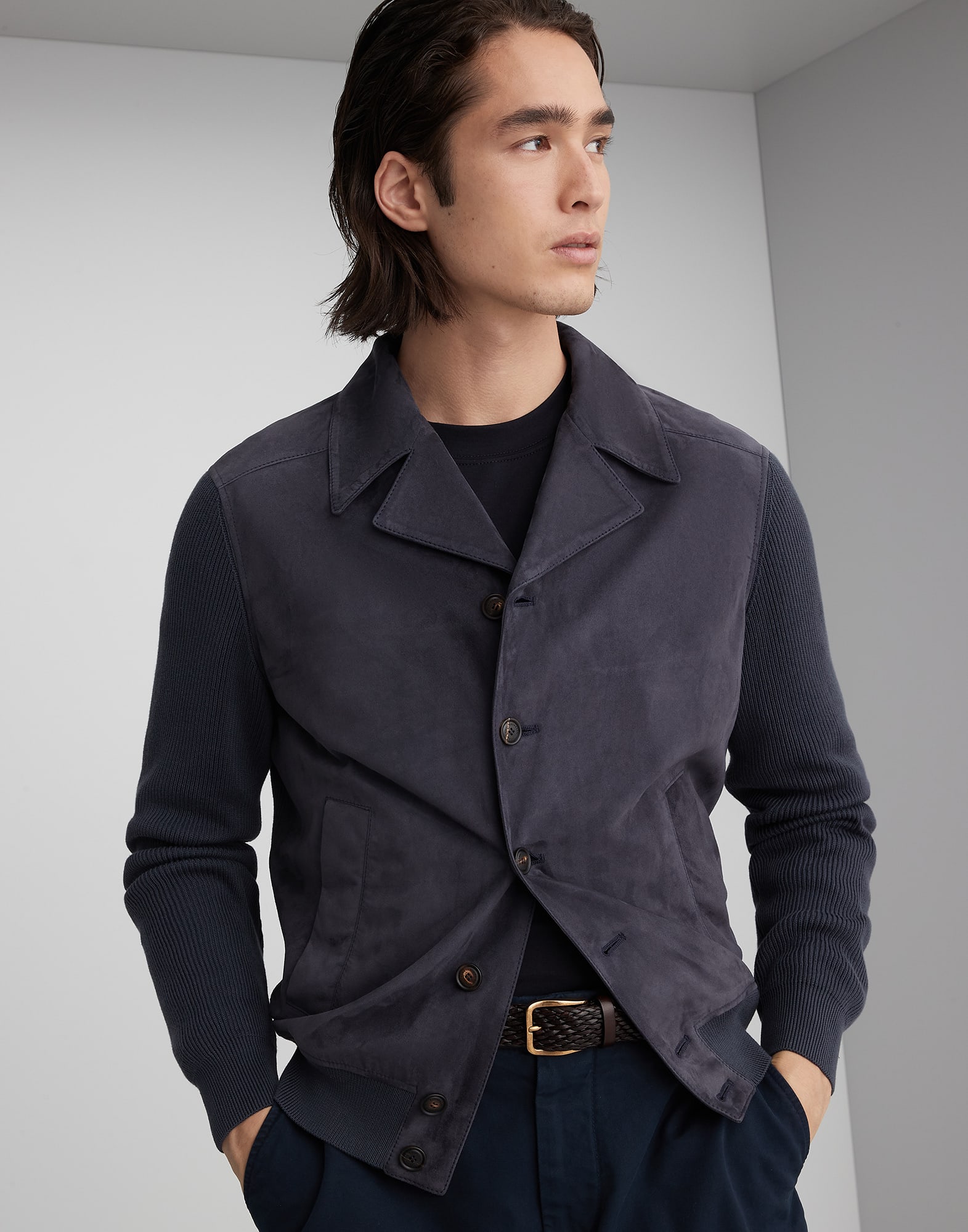 suede and cotton knit outerwear jacket