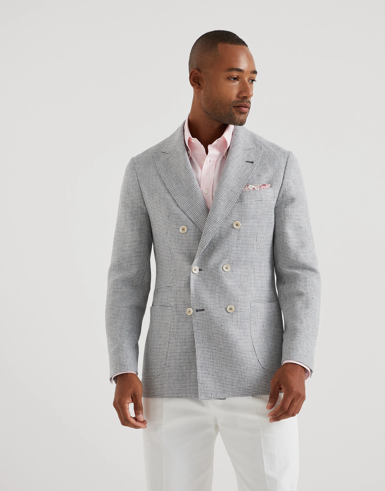 Linen houndstooth one-and-a-half breasted deconstructed blazer with patch pockets
