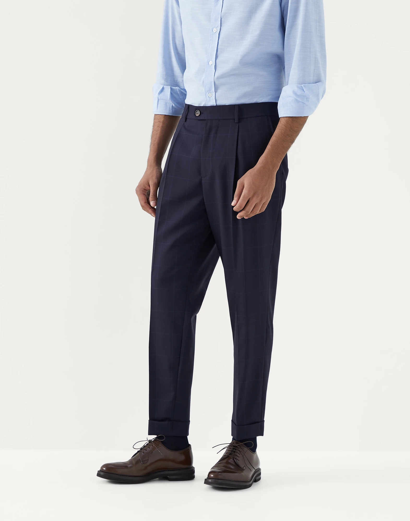 Super 120s virgin wool overcheck leisure fit trousers with pleat