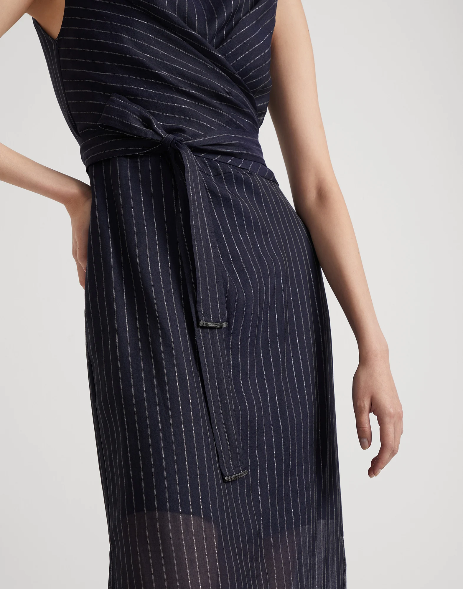 Cotton sparkling stripe gauze wrap dress with monili