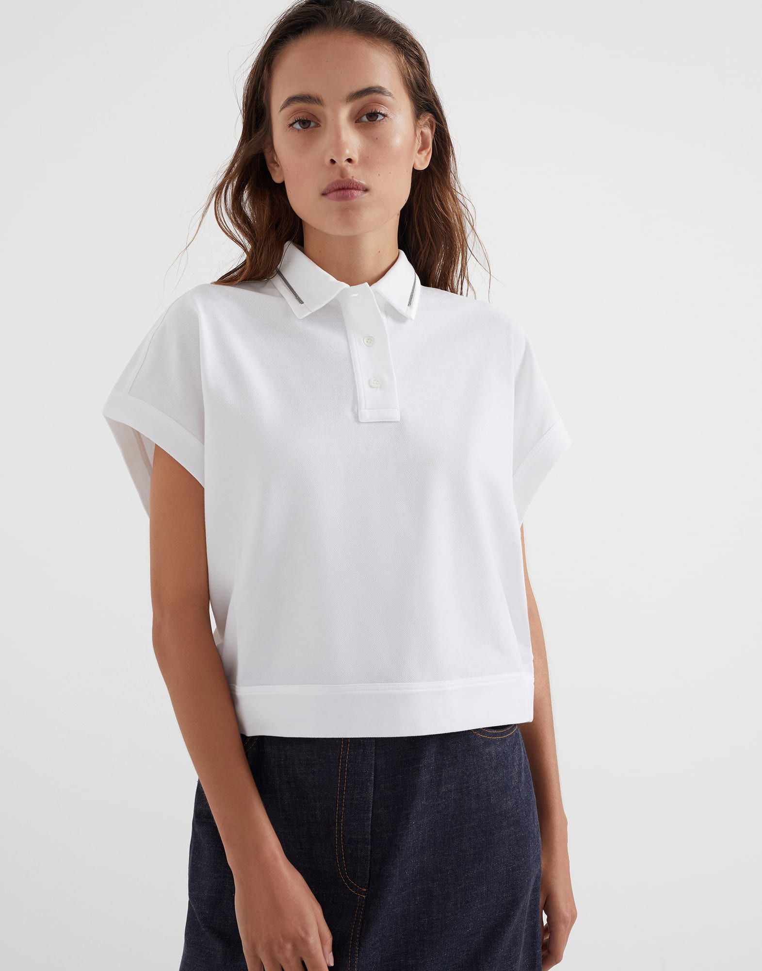 Cotton pique polo shirt with shiny collar trim