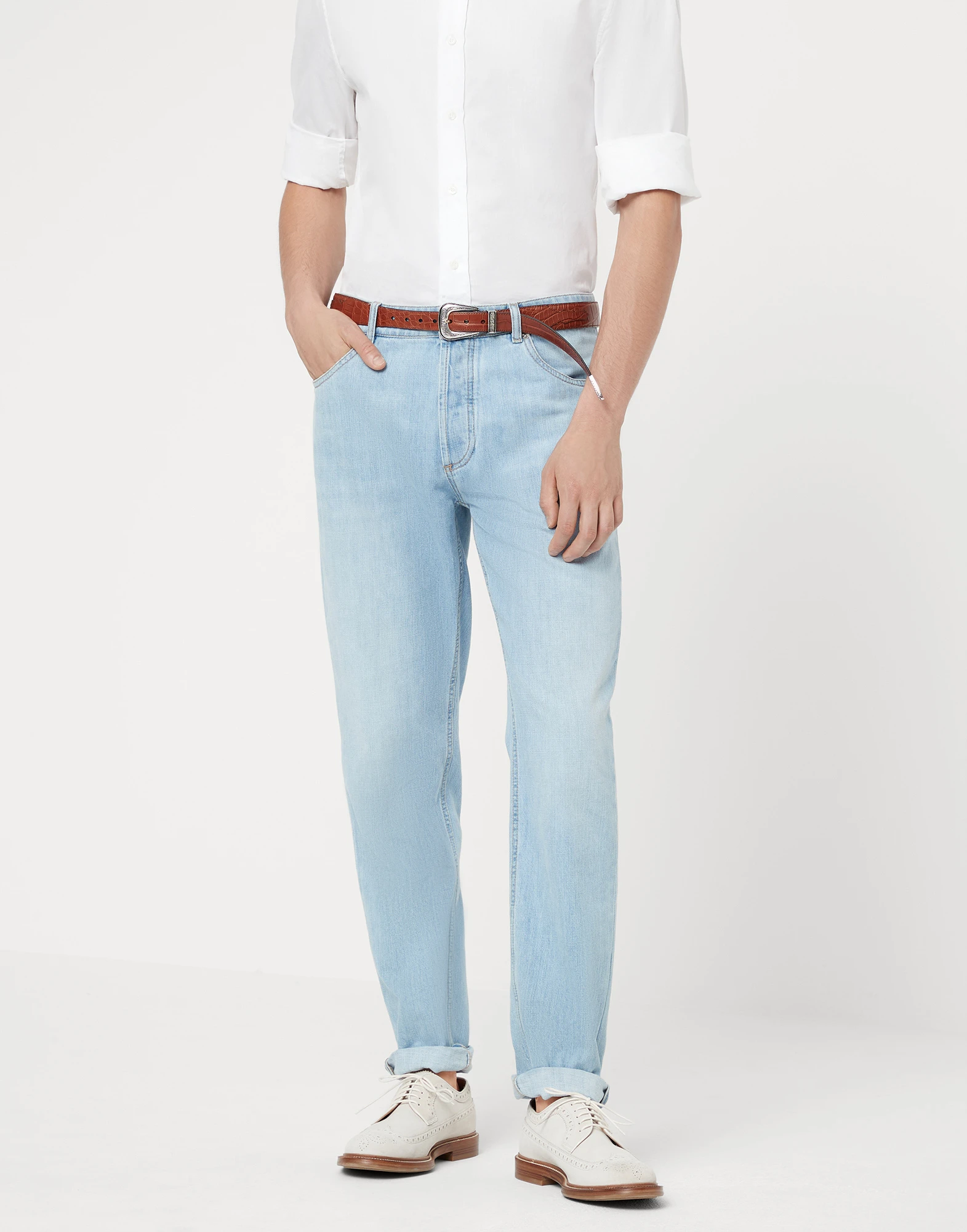 Lightweight denim traditional fit five-pocket trousers