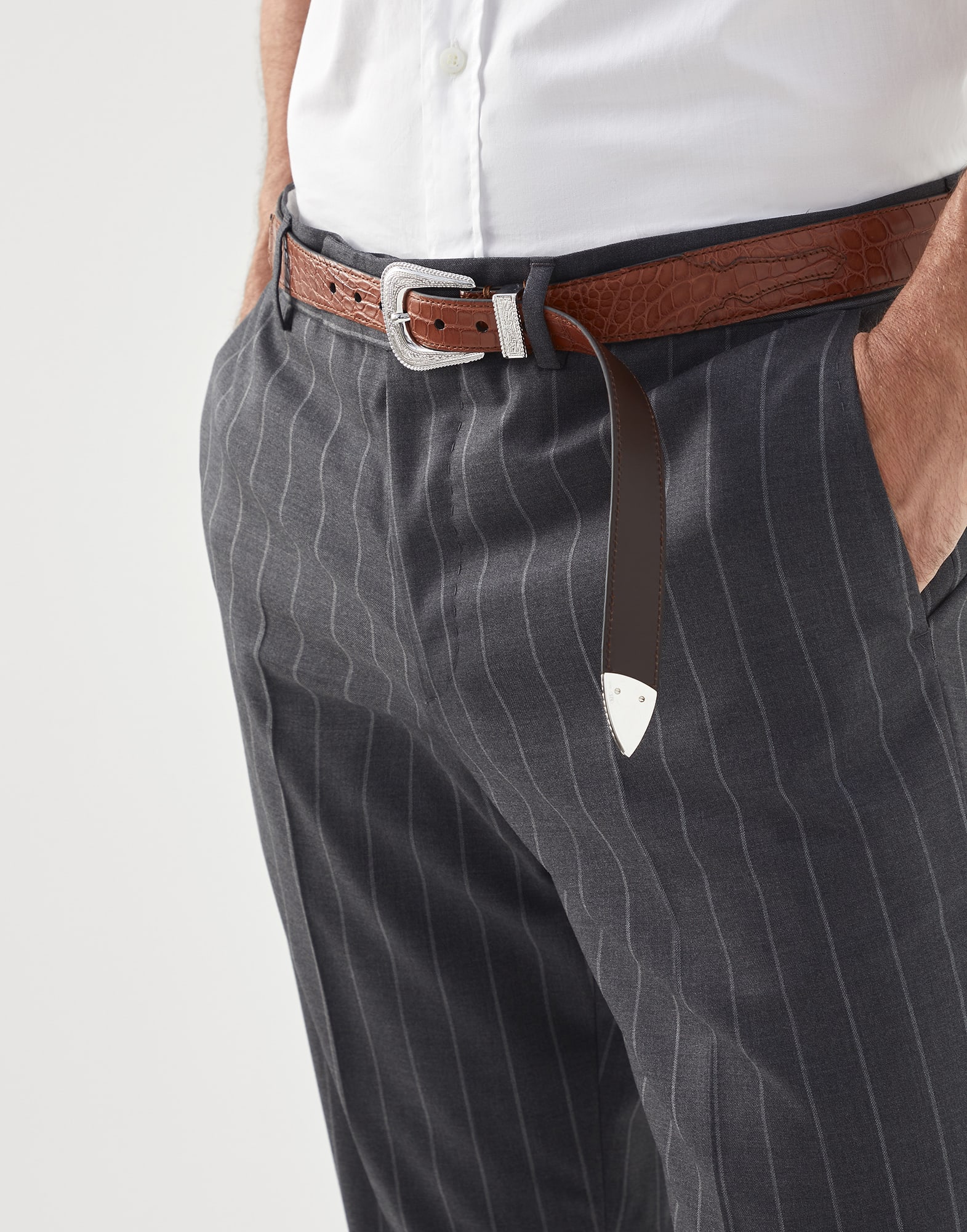 Super 150s virgin wool wide chalk stripe batavia formal fit trousers