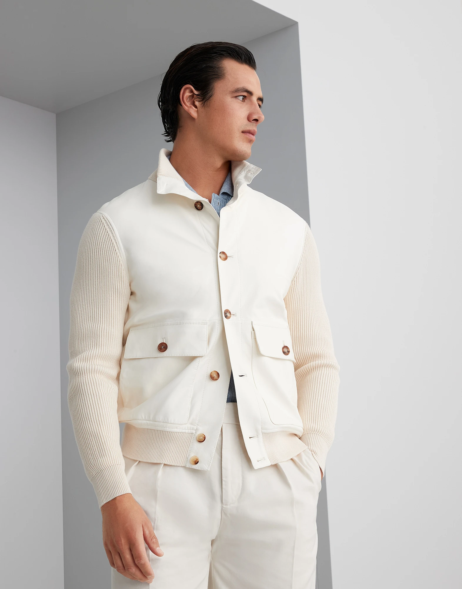 Nappa leather and cotton knit outerwear jacket