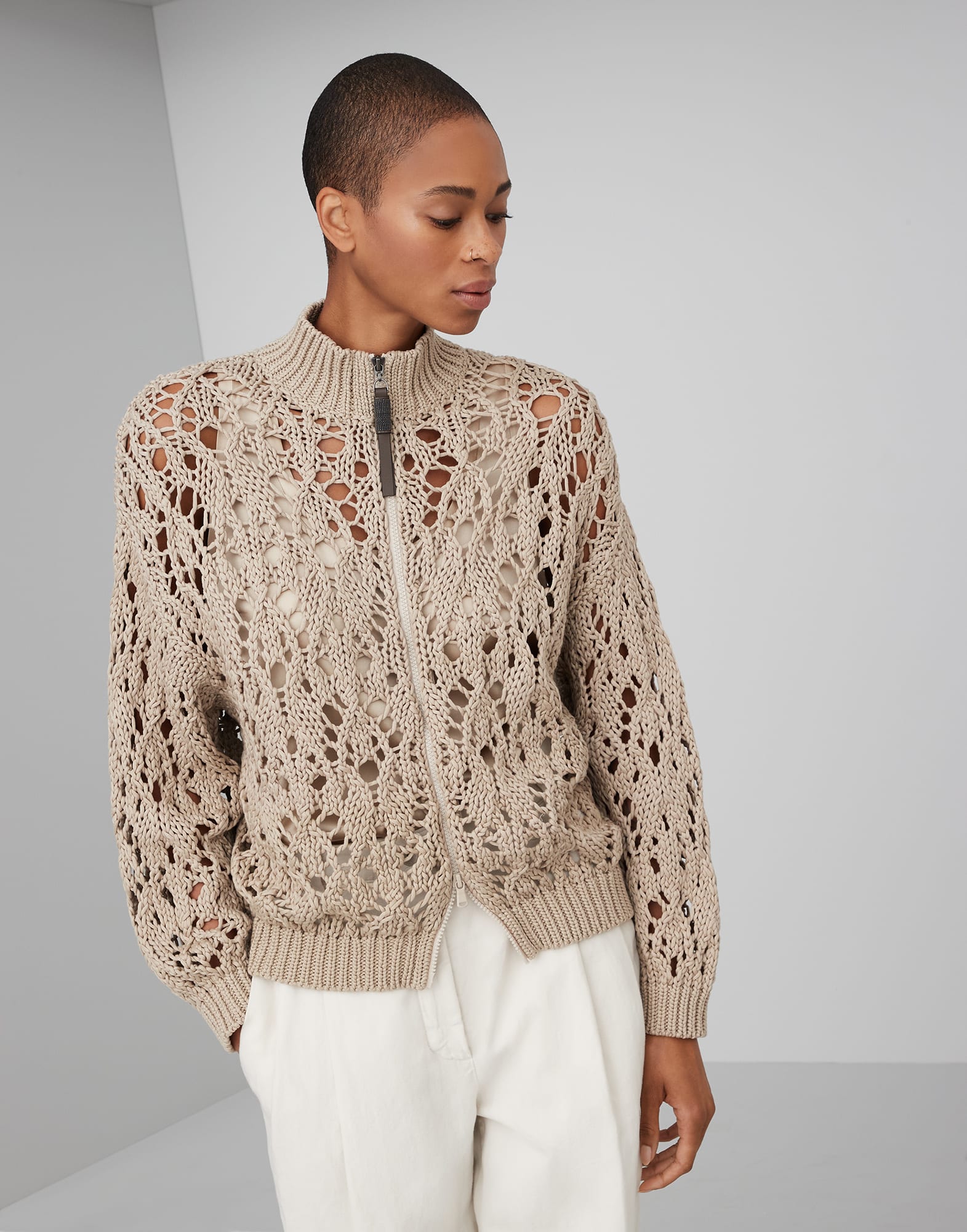 Cotton soft feather yarn lace stitch cardigan with precious zipper pull
