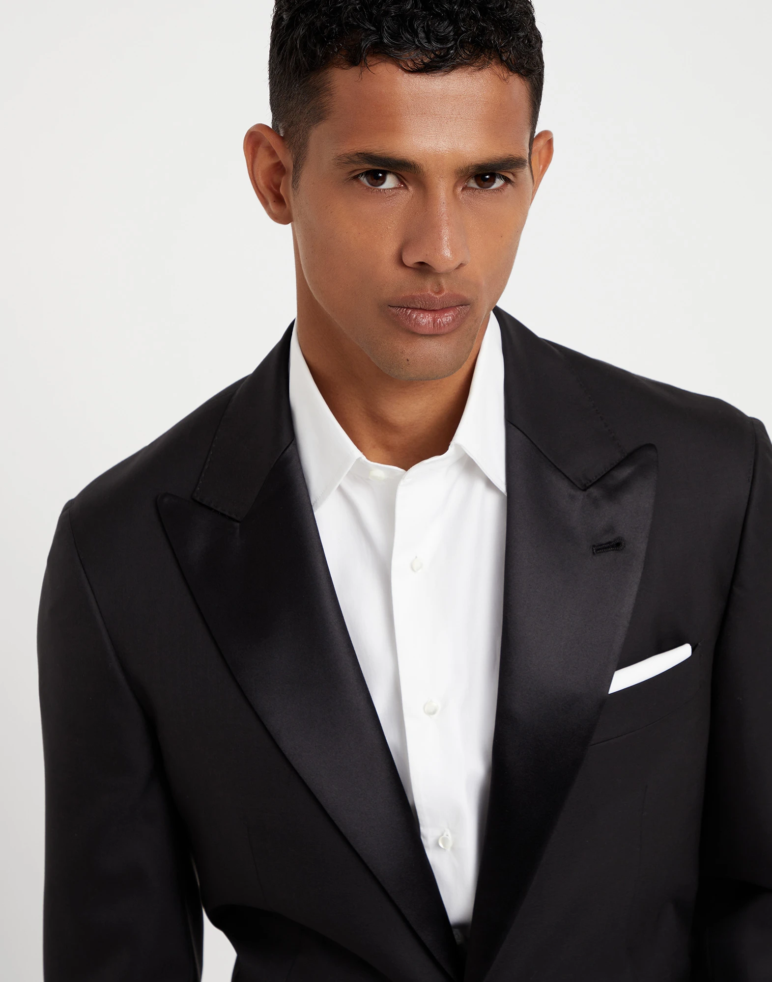 Lightweight virgin wool and silk twill tuxedo with peak lapel jacket and pleated trousers