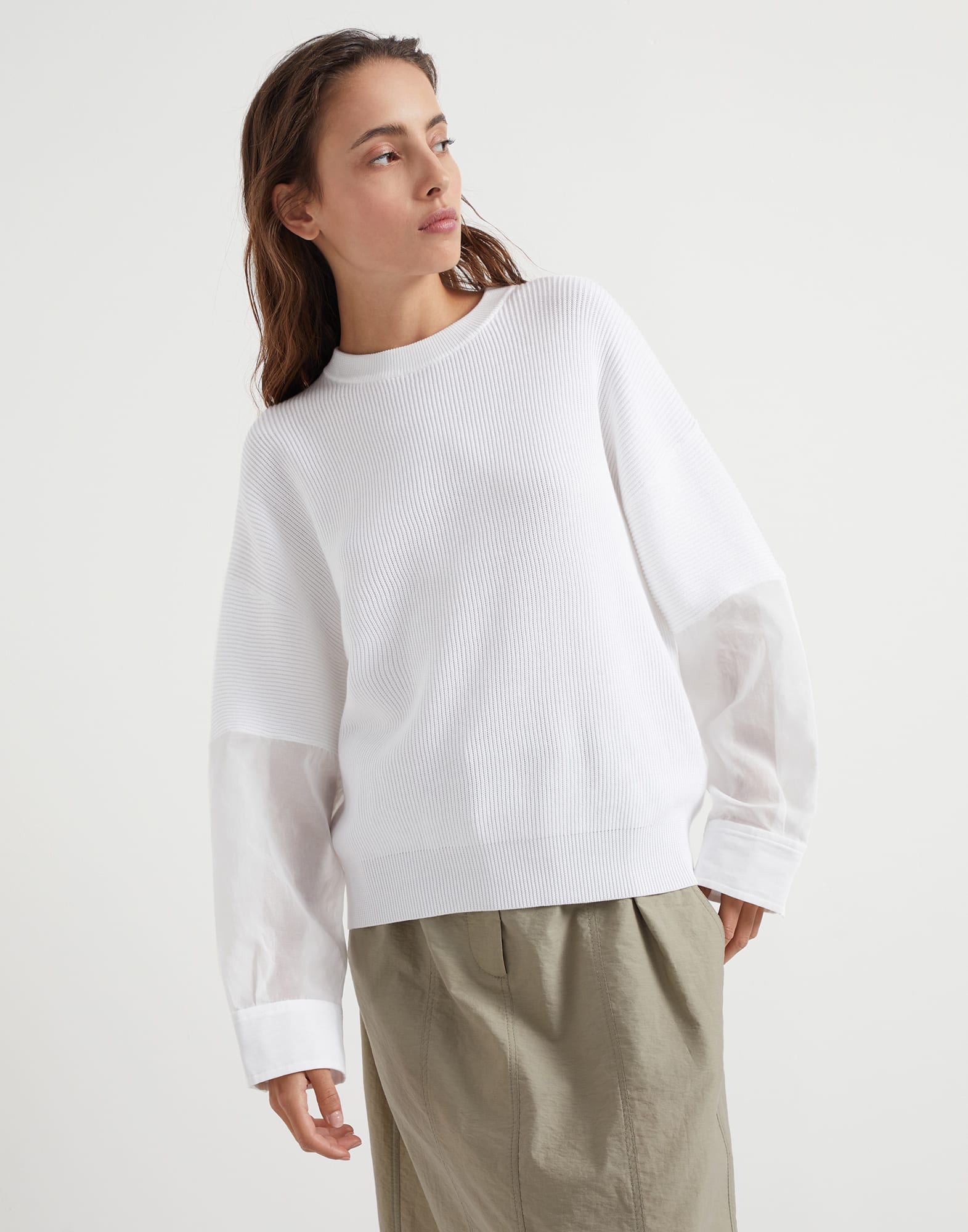 Cotton English rib knit sweater with organza sleeves