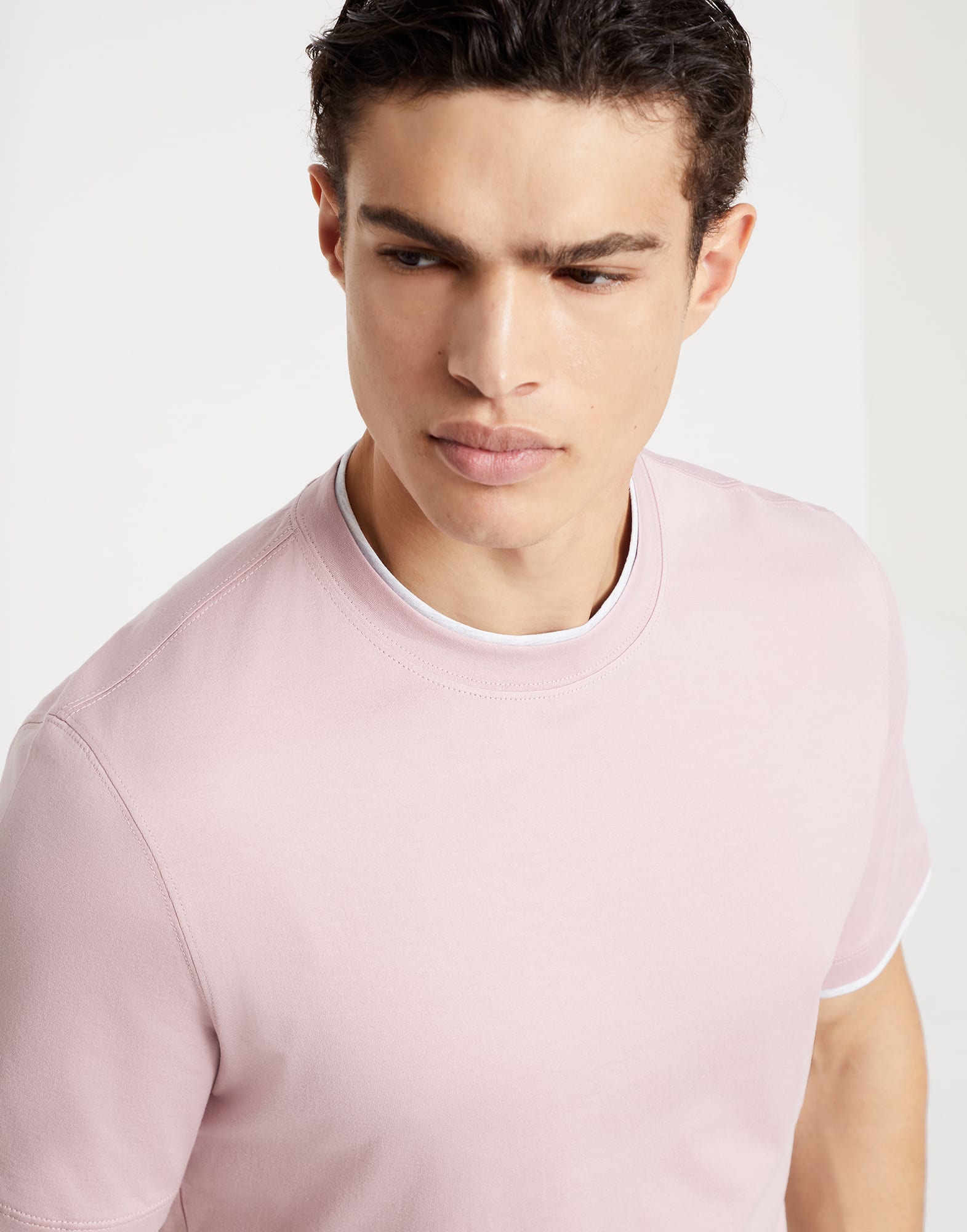 Cotton jersey crew neck T-shirt with faux-layering