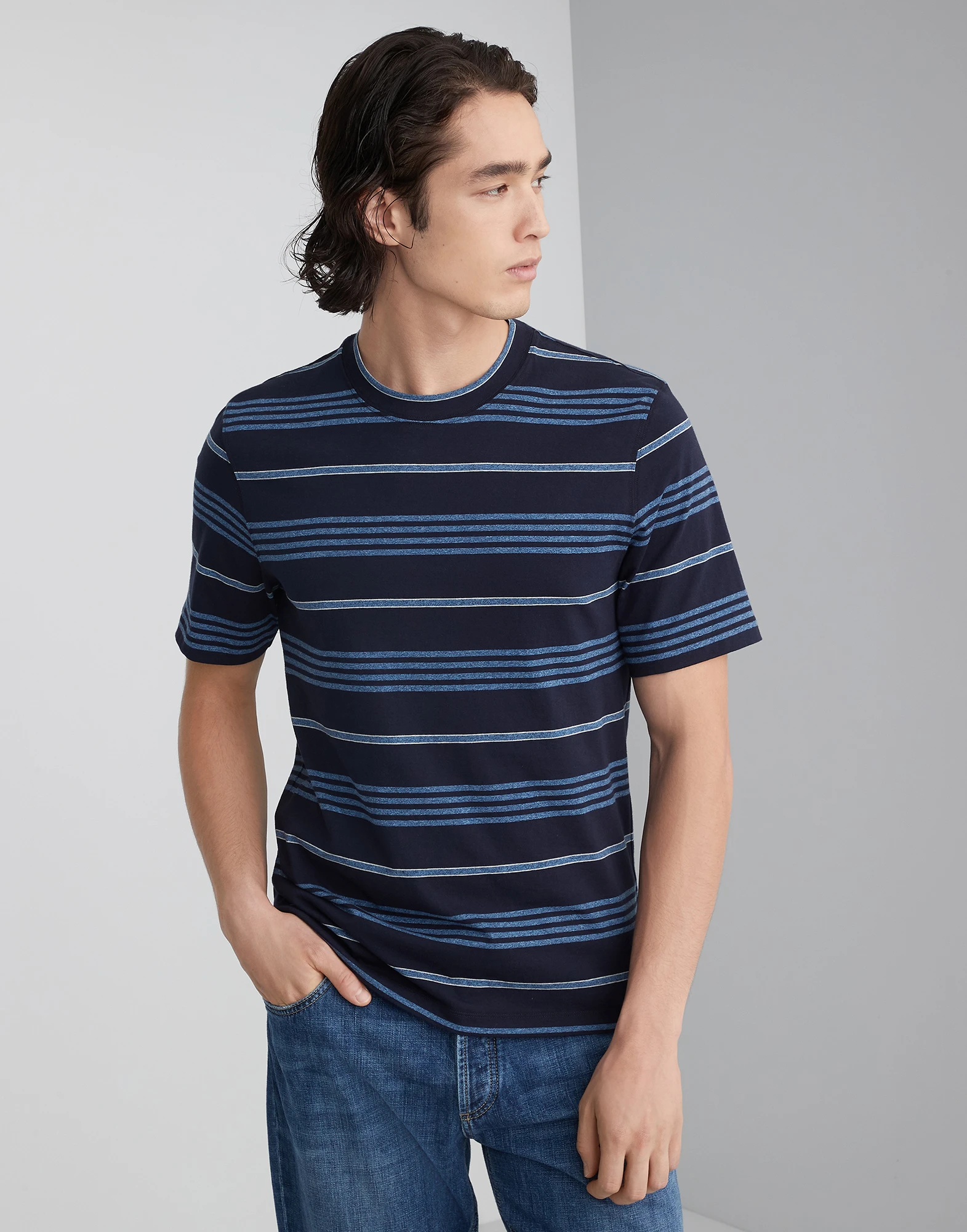 Cotton multi stripe jersey crew neck T-shirt