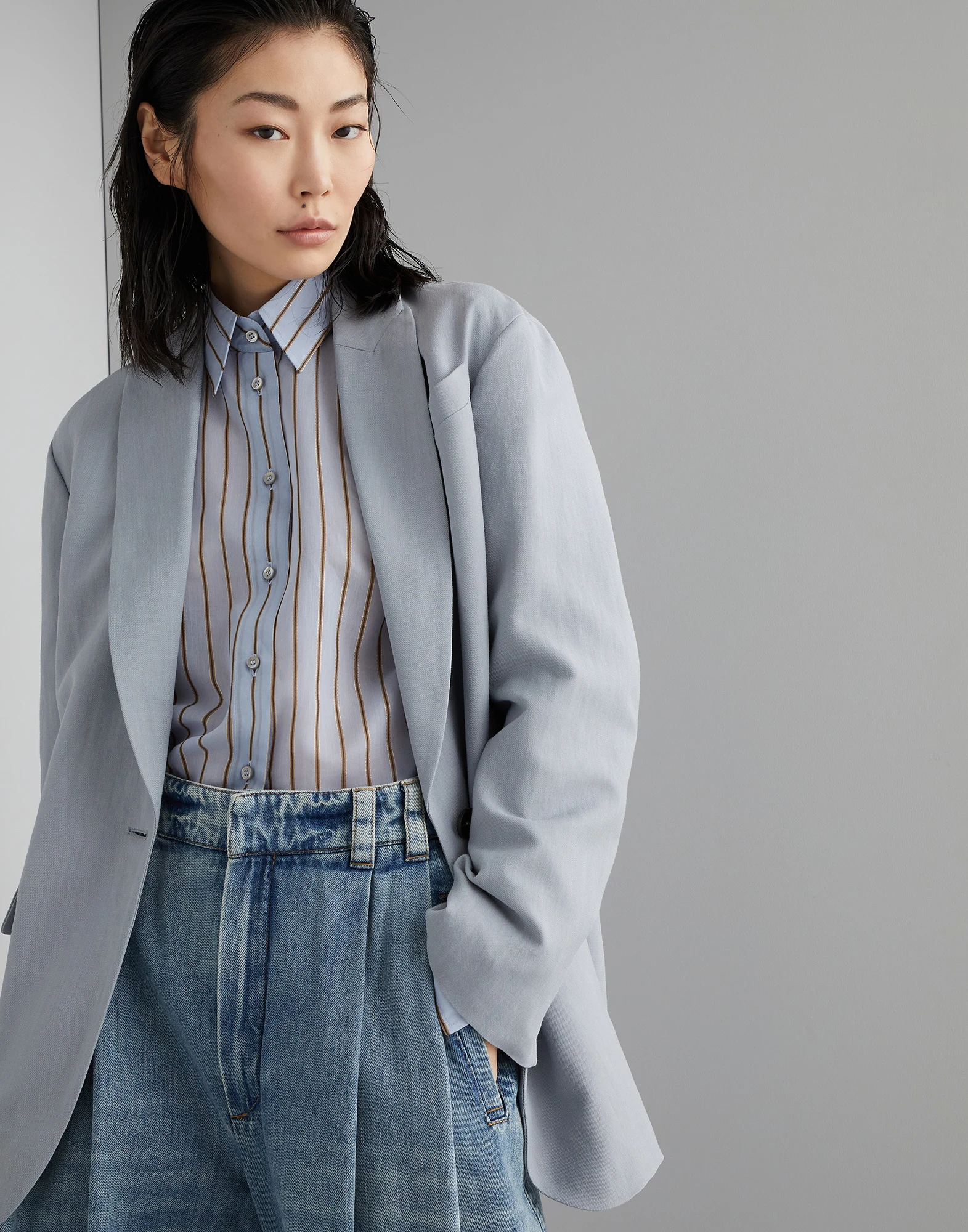 Soft denim baggy wide trousers
